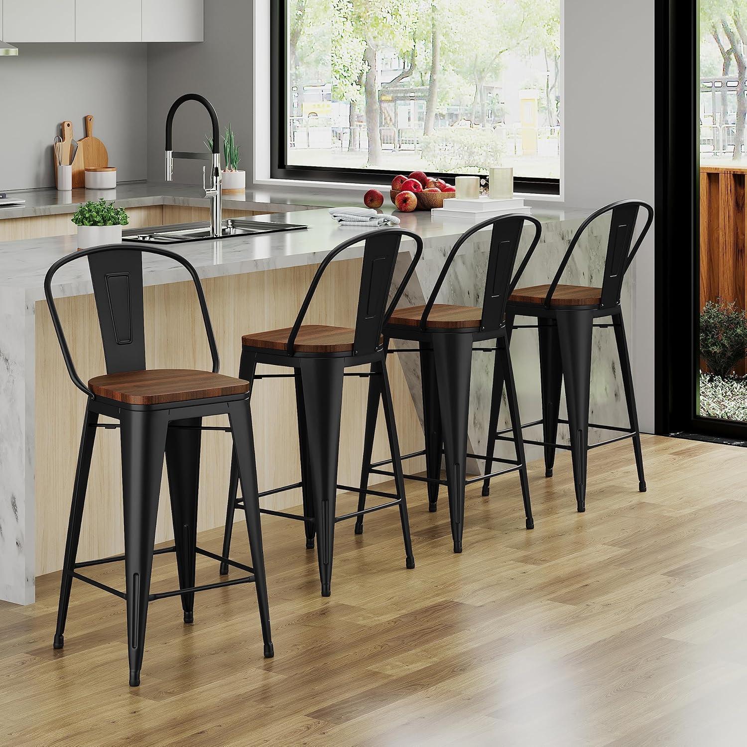 Andeworld 24" Bar Stools Set of 4,Counter Height Bar Stools with Larger Seat,Bar Stools with Back,Black Metal Bar Stools with Removable Back,Farmhouse Bar Stools,High Back Kitchen Bar Stools Chair