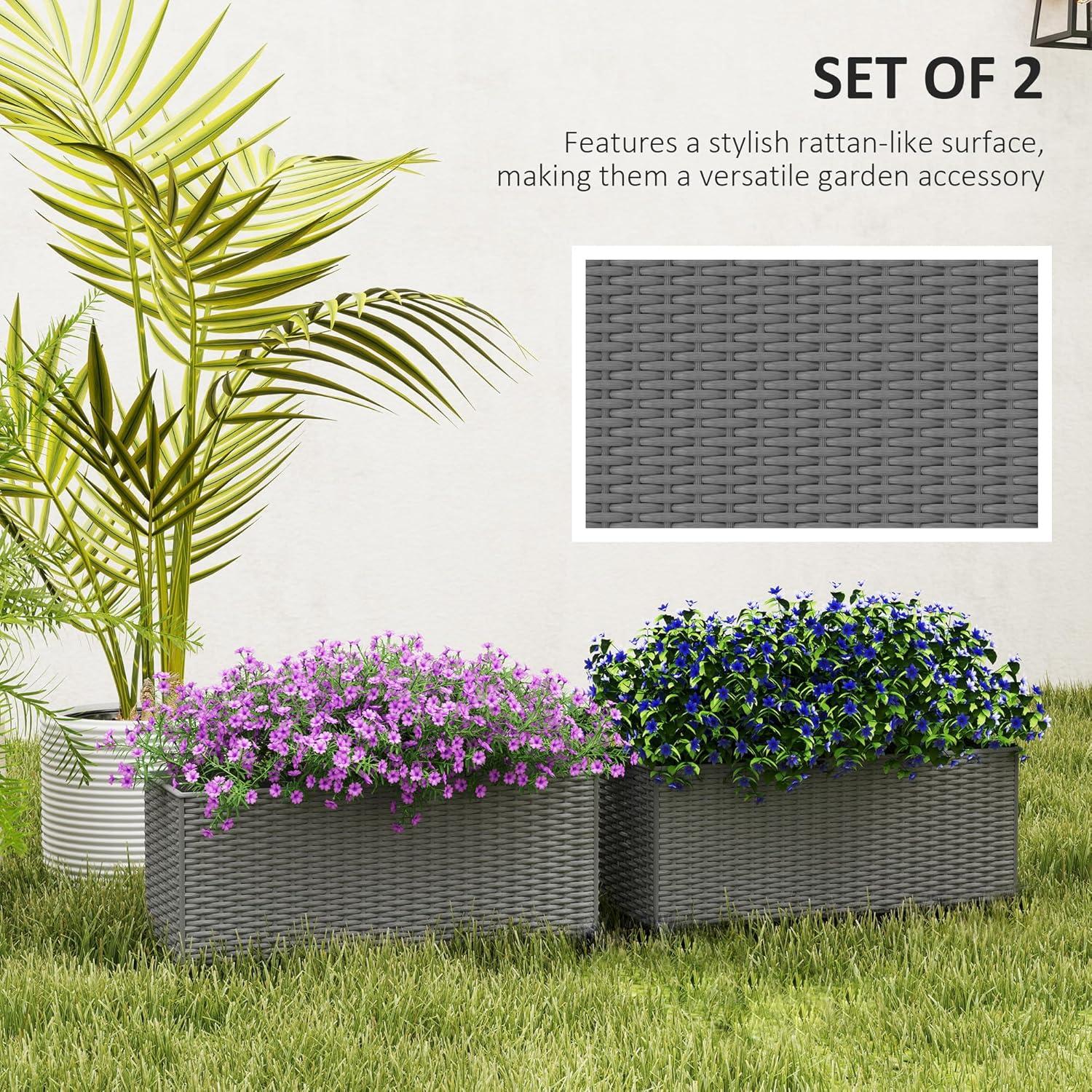 Outsunny Railing Planter Box (2 Pack, 20 Inch), Hanging Flower Pots with Hooks, Drainage Holes for Fence, Balcony, Garden, Patio, Rattan Look, Black