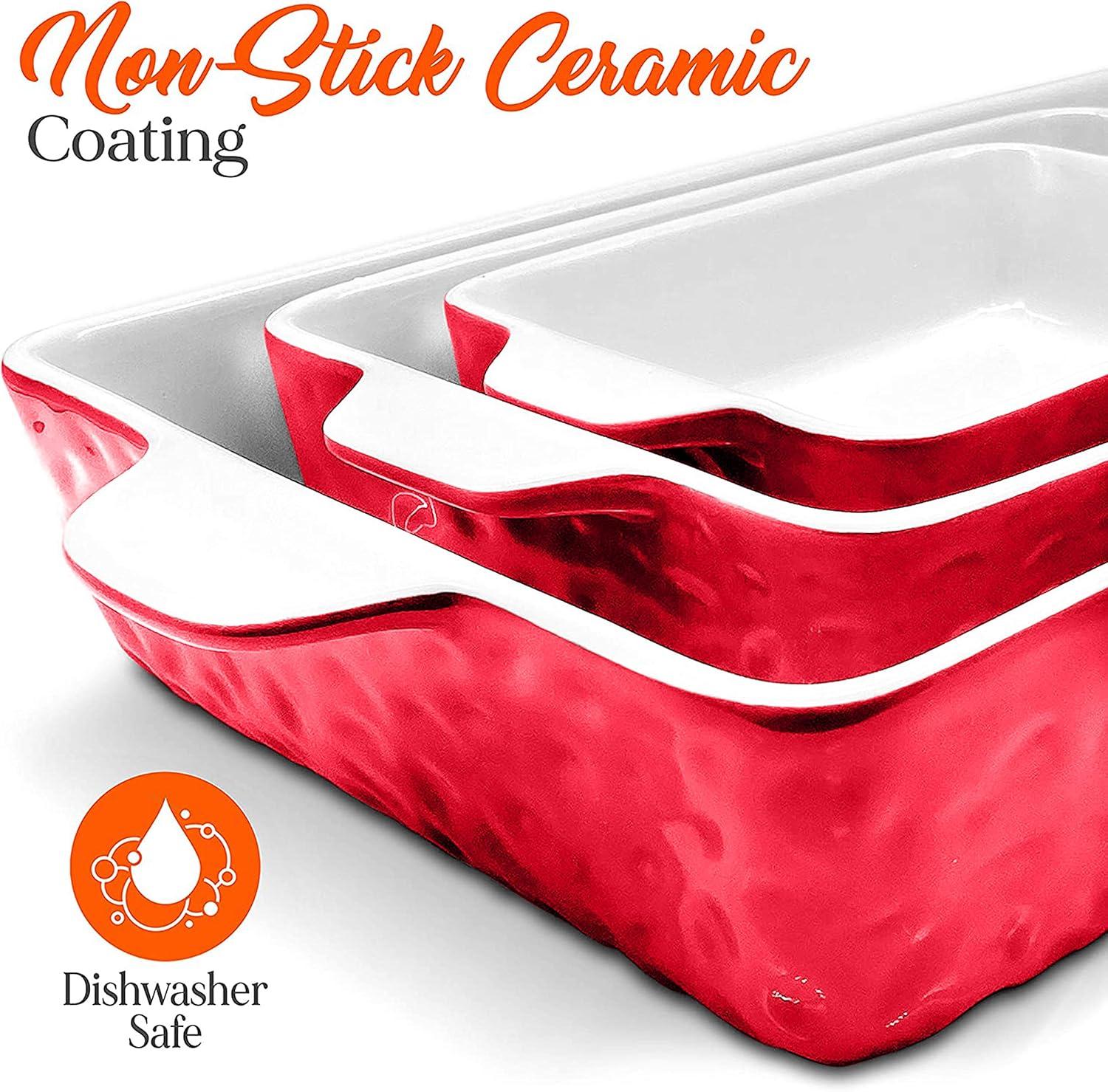 3-Pcs. Rectangular Ceramic Bakeware Set - Durable Baking Dishes Set, Odor-Free Hybrid Ceramic Non-Stick Baking Pans, Dishwasher Safe (Red)