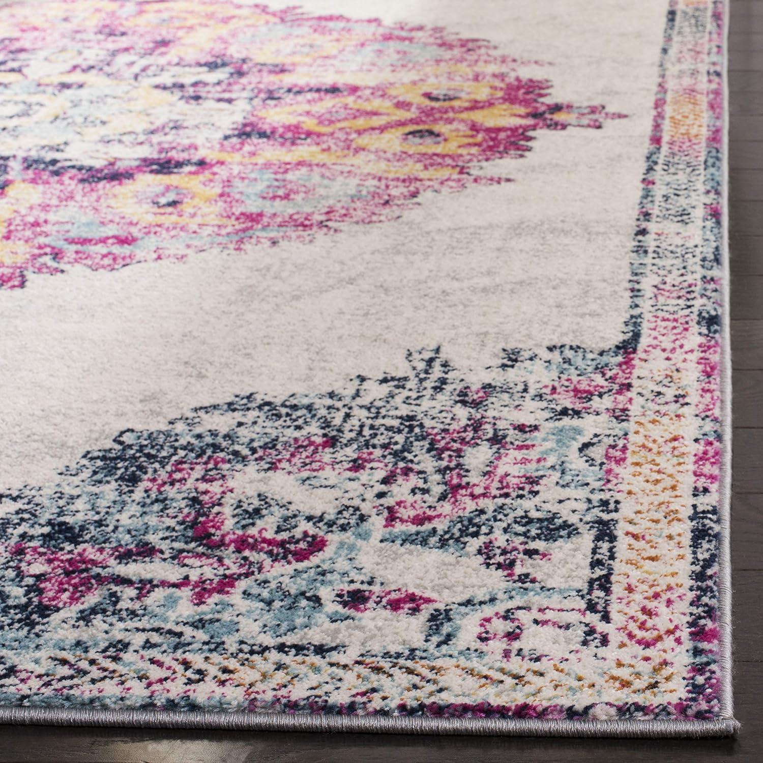 Ivory Fuchsia Distressed Medallion 2' x 8' Synthetic Runner Rug