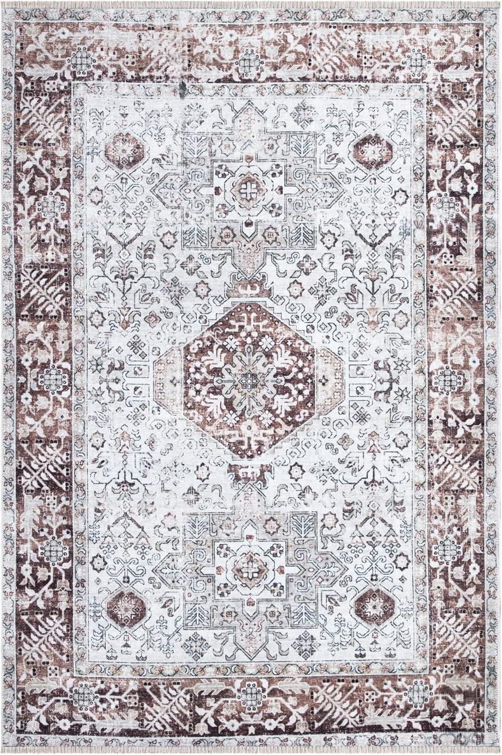 Oriental Beige/Brown Machine Washable Area Rug