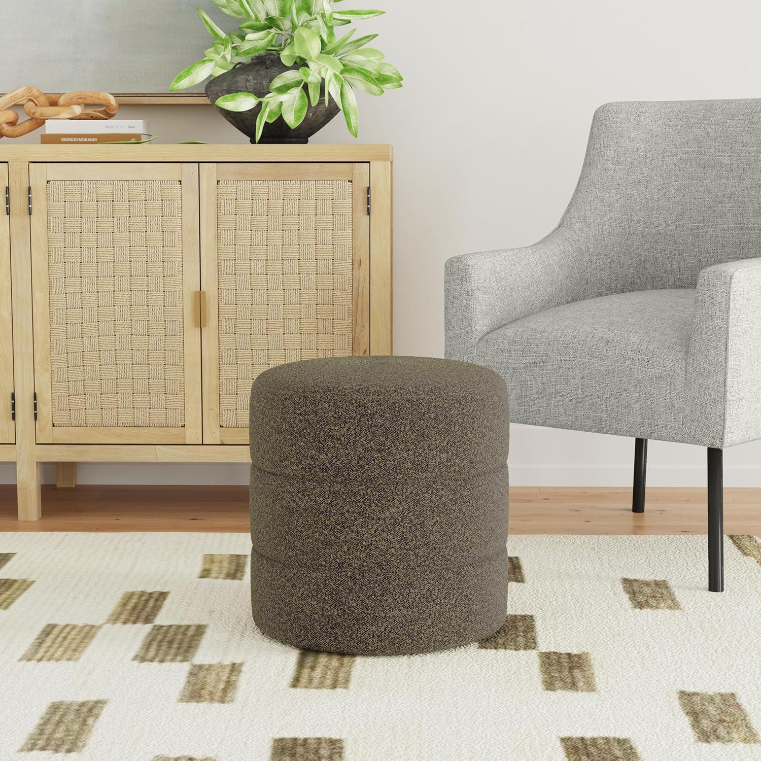 Dark Brown Boucle Round Upholstered Ottoman with Engineered Wood Frame