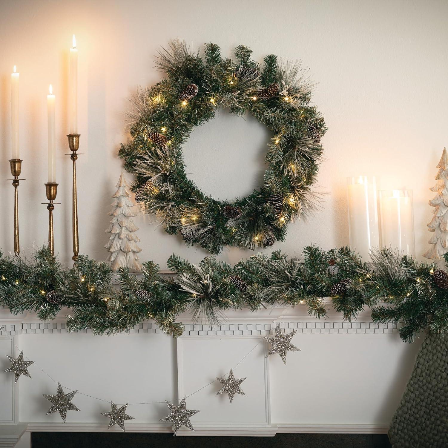 Sullivans 9-Foot Pre-lit Artificial Mixed Pine Christmas Garland Decorated with Pinecones, Light Flocking, Gold Glittered Accents, and Warm White