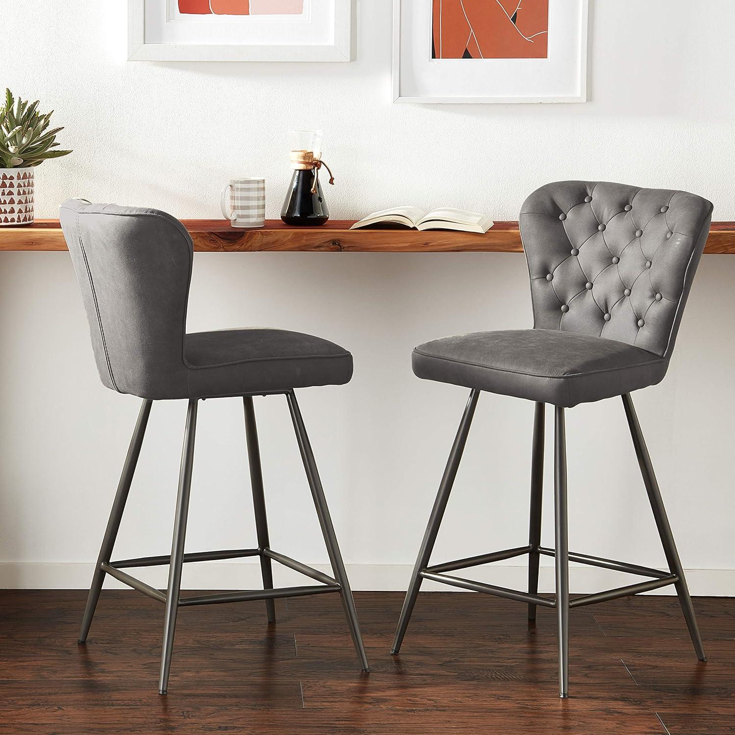 Ashby 26"H Mid-Century Modern Leather Tufted Swivel Counter Stool (Set of 2) - FOX1702 - Grey - Safavieh Couture