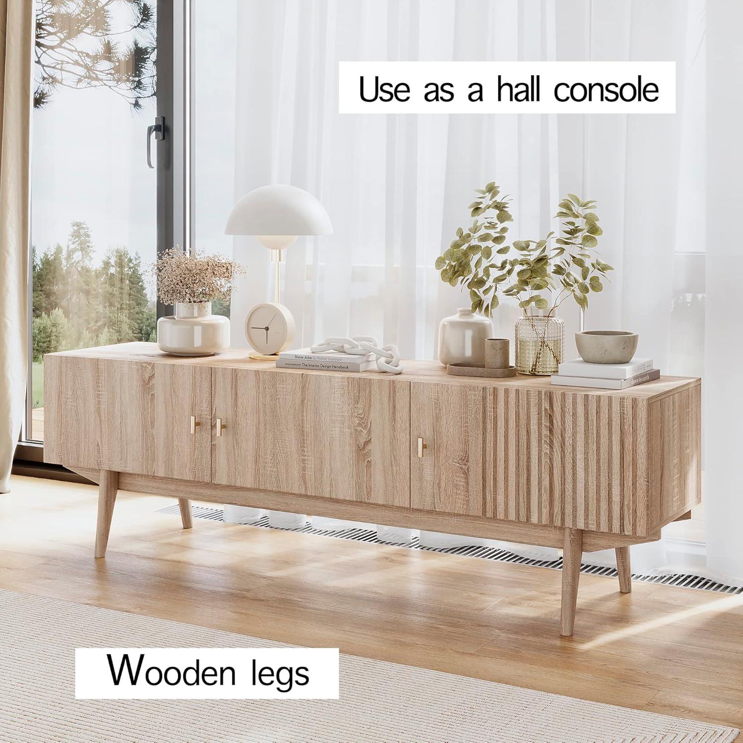 Living Skog  Chelsea Brown TV Stand Fits for TV's up to 65 in. with Slatted Design and Wood Legs Beige Matte Laminate, MDF