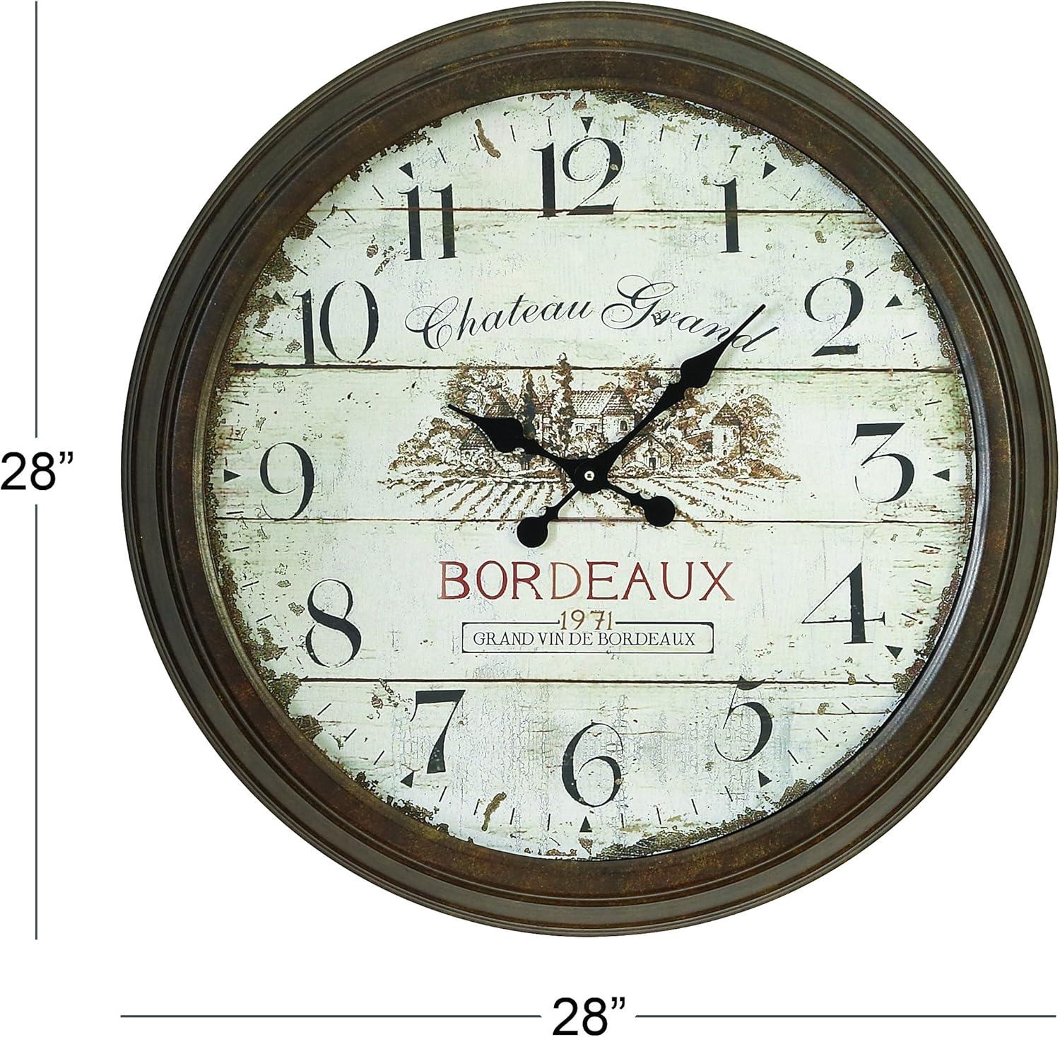 Oversized Brown Metal Wall Clock with Vintage Bordeaux Design