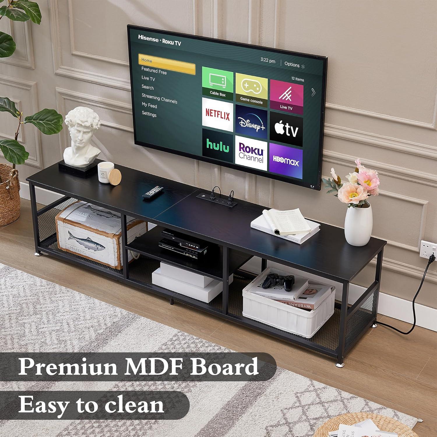 VECELO TV Stand with Power Outlets for Televisions up to 55 Inch, 47" Media Entertainment Center with Charging Station 3-Tier Open Storage Shelves with Metal Frame for Living Room/Bedroom，Black