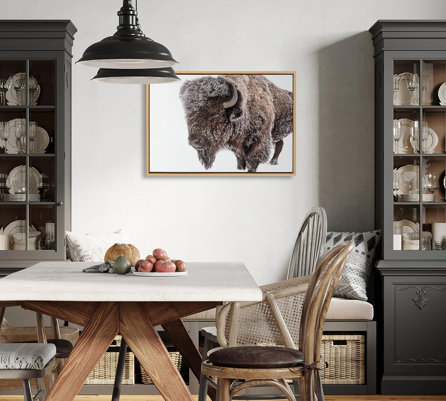 Large Natural Framed Bison in Snow Canvas Print