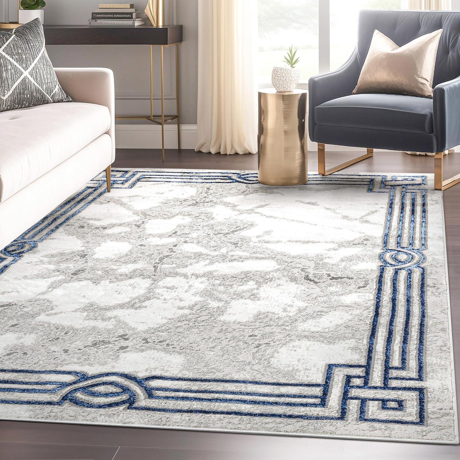 Blue and Gray Abstract Synthetic 5' x 7' Area Rug