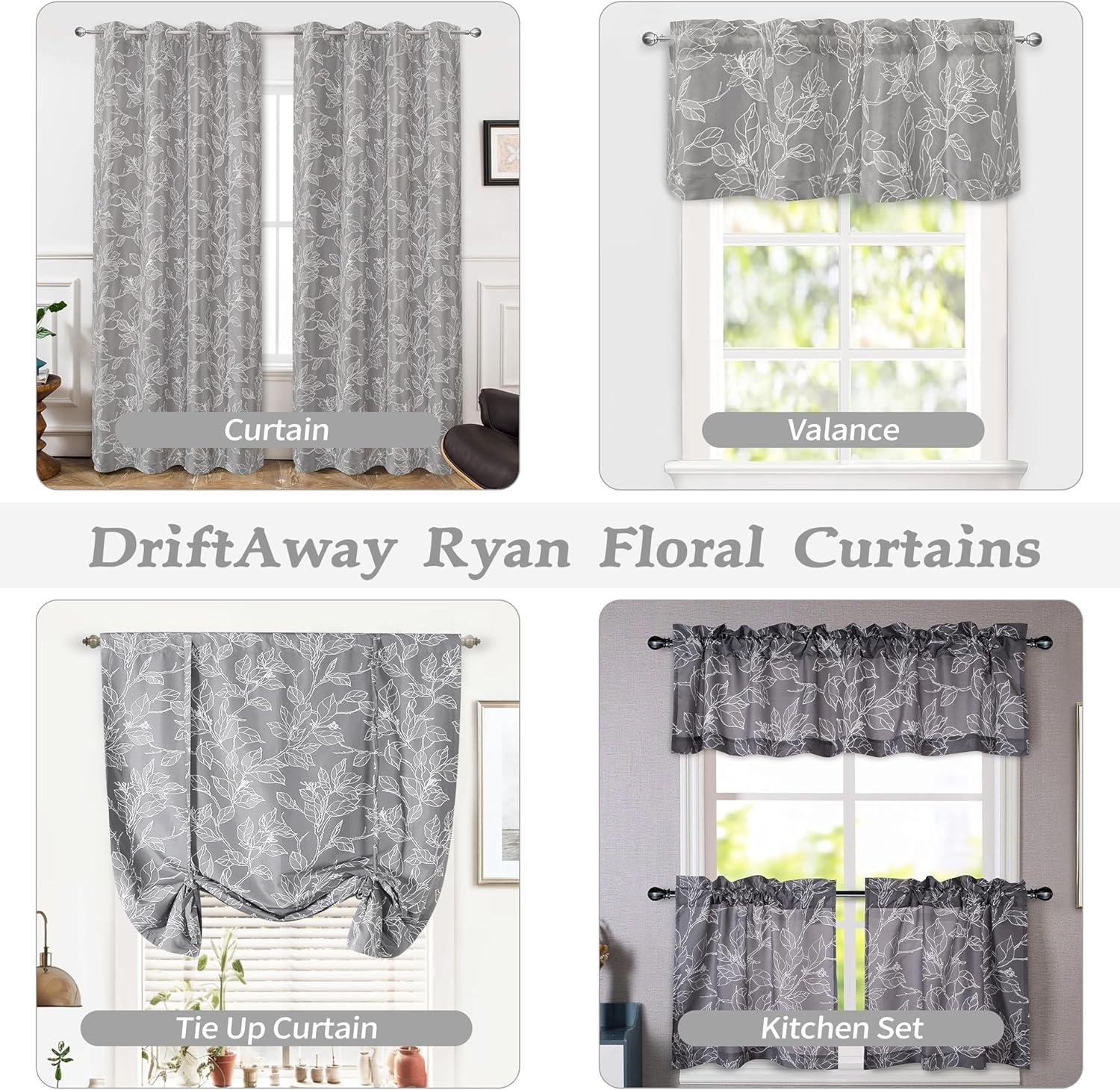 DriftAway Ryan Sketch Flower Floral Branch Leaves Lined Thermal Insulated Window Curtain Valance Rod Pocket, 52" x 18" Plus 2" Header, Gray