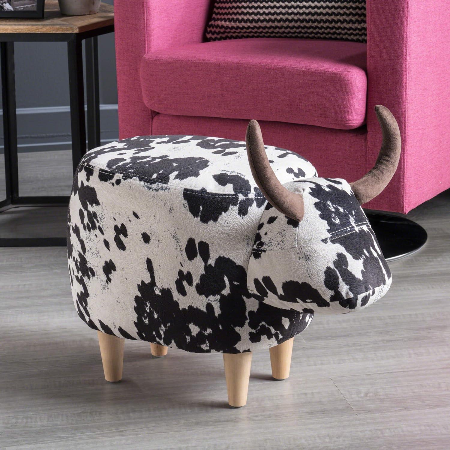 Birchwood Black & White Velvet Cow Ottoman with Tapered Legs