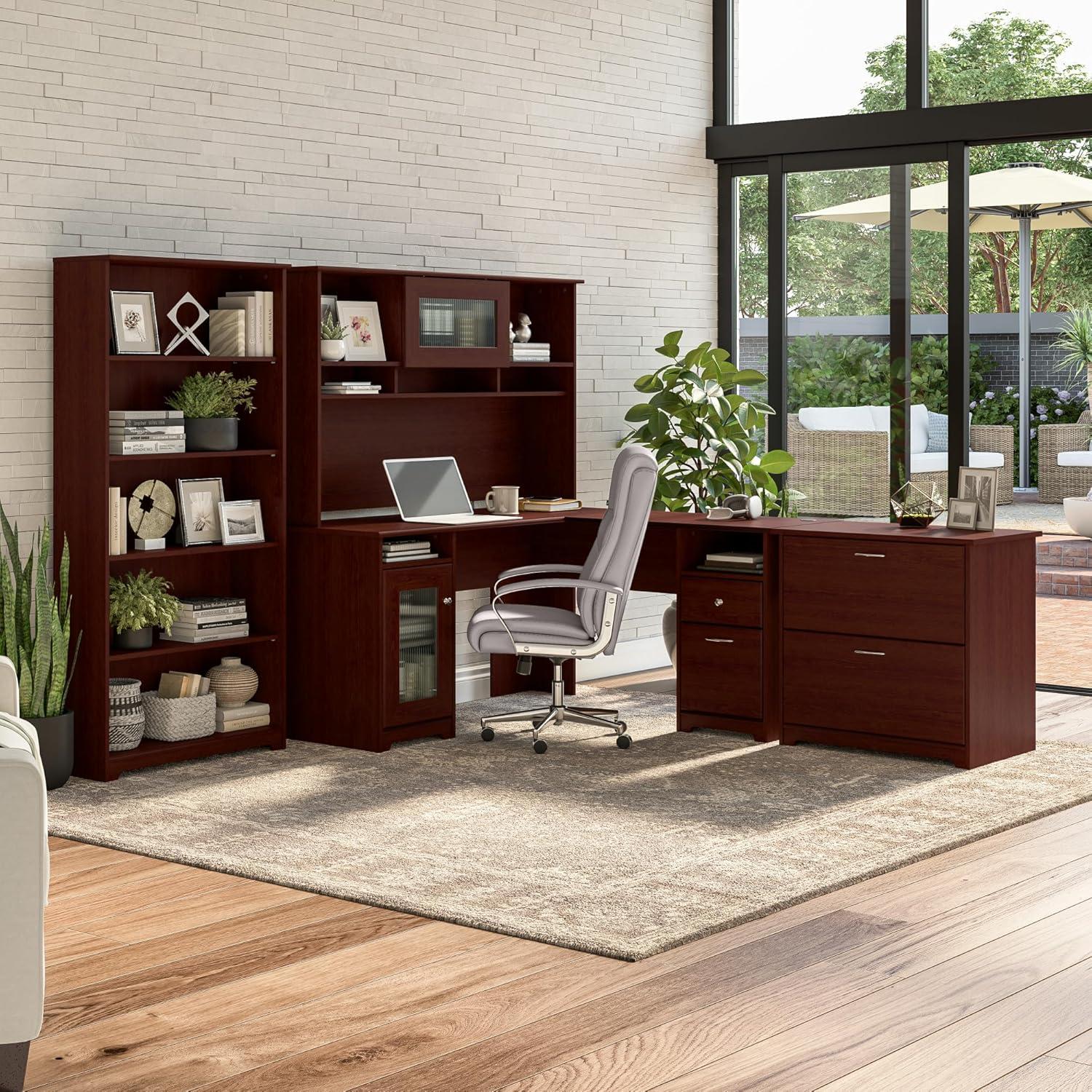 Bush Furniture Cabot 60" L Desk and Hutch with Storage, Harvest Cherry