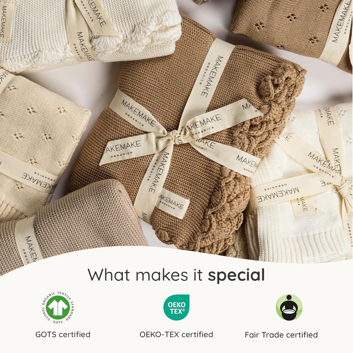MakeMake Organics MakeMake Organics Organic Cotton Throw Blanket GOTS Certified Organic Knit Blanket Couch Bed Neutral Fall Colors Soft Cotton Throw Blanket Large (50x60, Sand)