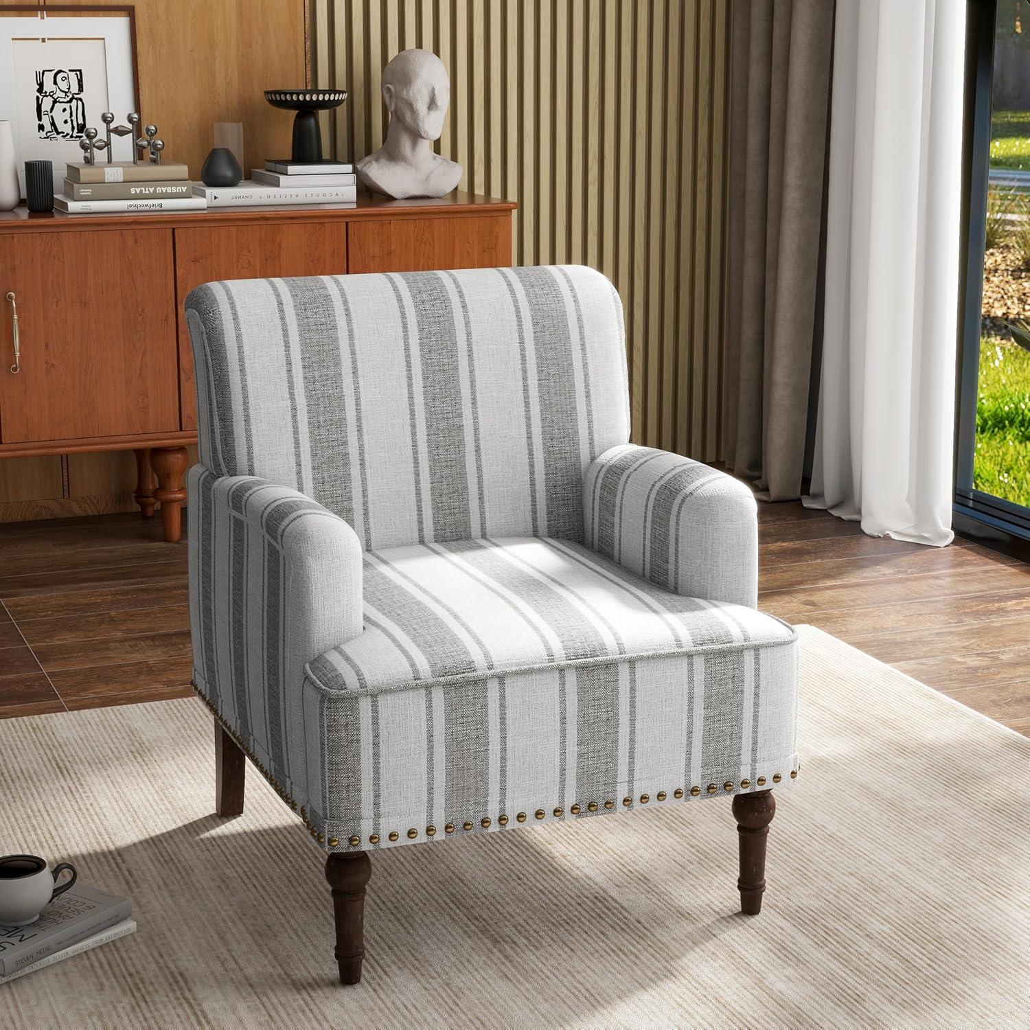 Gray Striped Barrel Accent Chair with Nailhead Trim