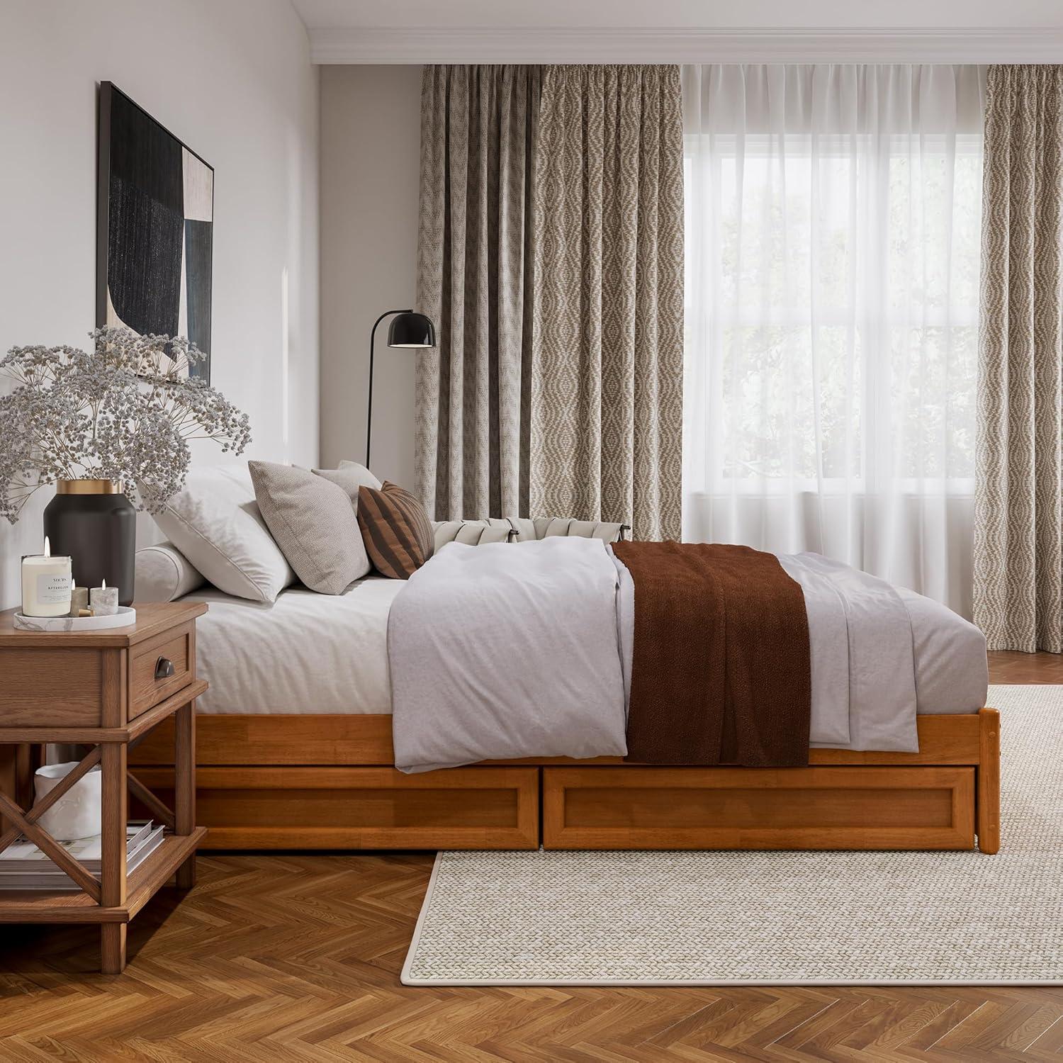 Barcelona Queen Wood Panel Platform Bed with Storage Drawers in Light Toffee