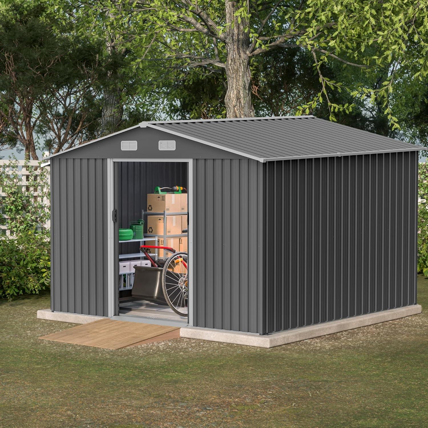 10X8 FT Outdoor Tool Storage Shed with Metal Foundation & Lockable Doors, All Weather Metal Sheds for Garden, Patio, Backyard, Lawn, Gray