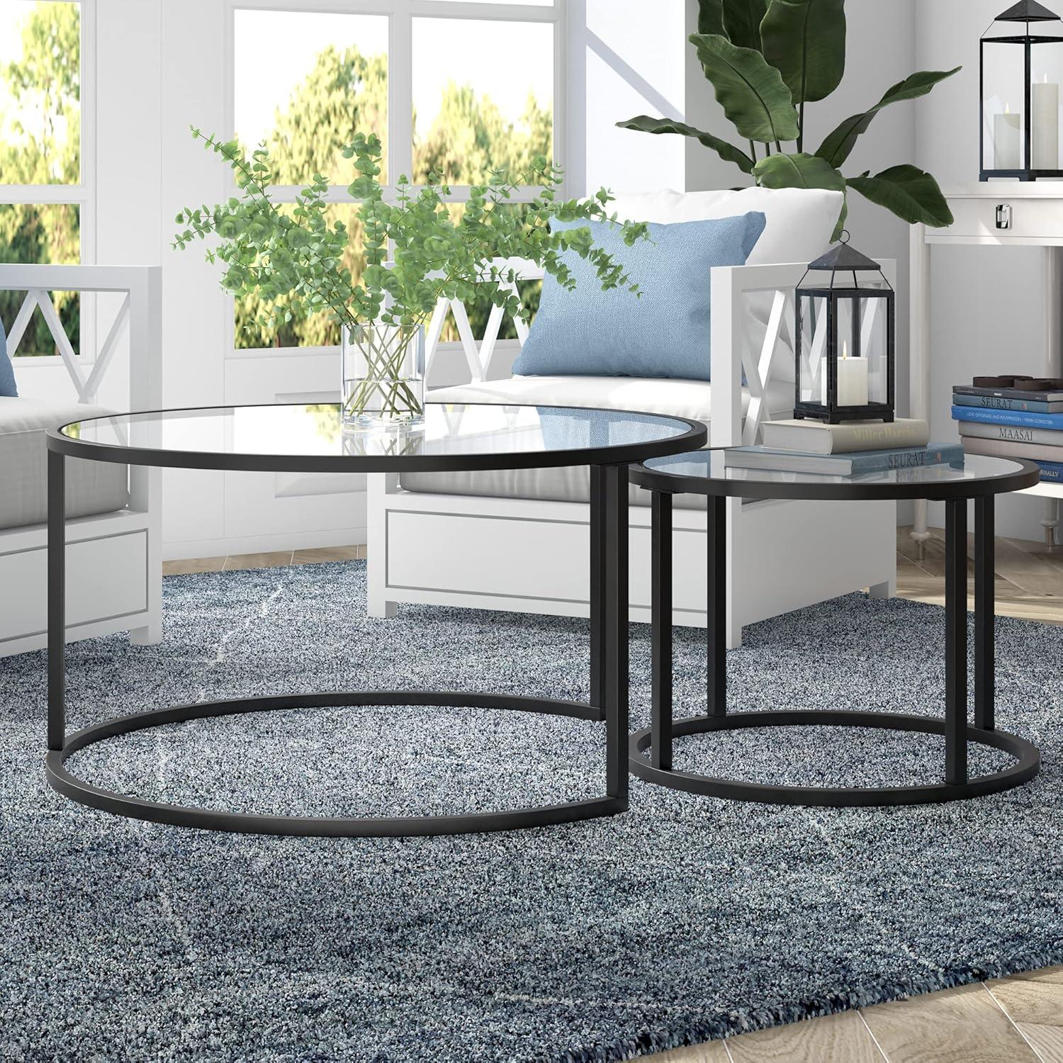 Aurora Blackened Bronze Round Nesting Coffee Table Set with Glass Tops