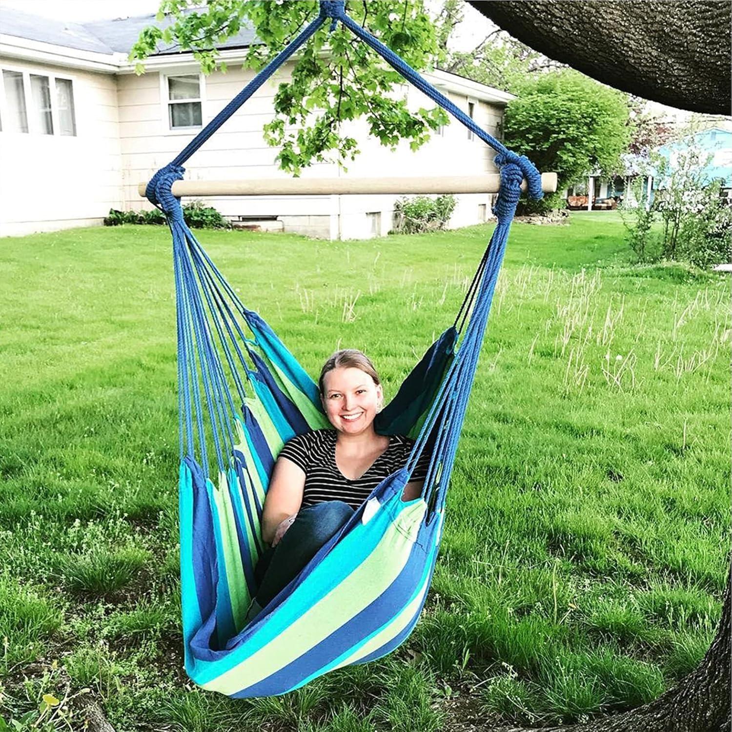 Blissun Hanging Hammock Chair, Hanging Swing Chair with Two Cushions, 34 Inch Wide Seat Blue & Green Stripes (Seaside Stripe)