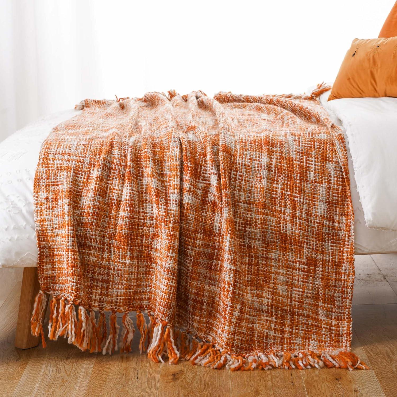 Orange Ochre Knitted Acrylic Throw Blanket with Fringes, 50"x60"