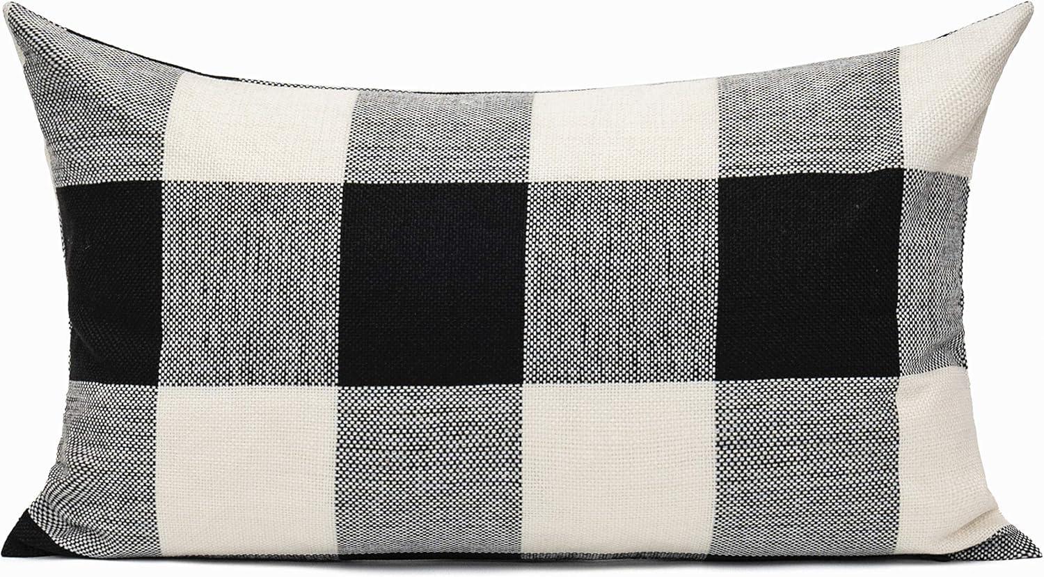 Set of 2 Farmhouse Buffalo Check Plaid Throw Pillow Covers Cushion Case Polyester Linen for Fall Home Decor Black and White, 12 x 20 Inches