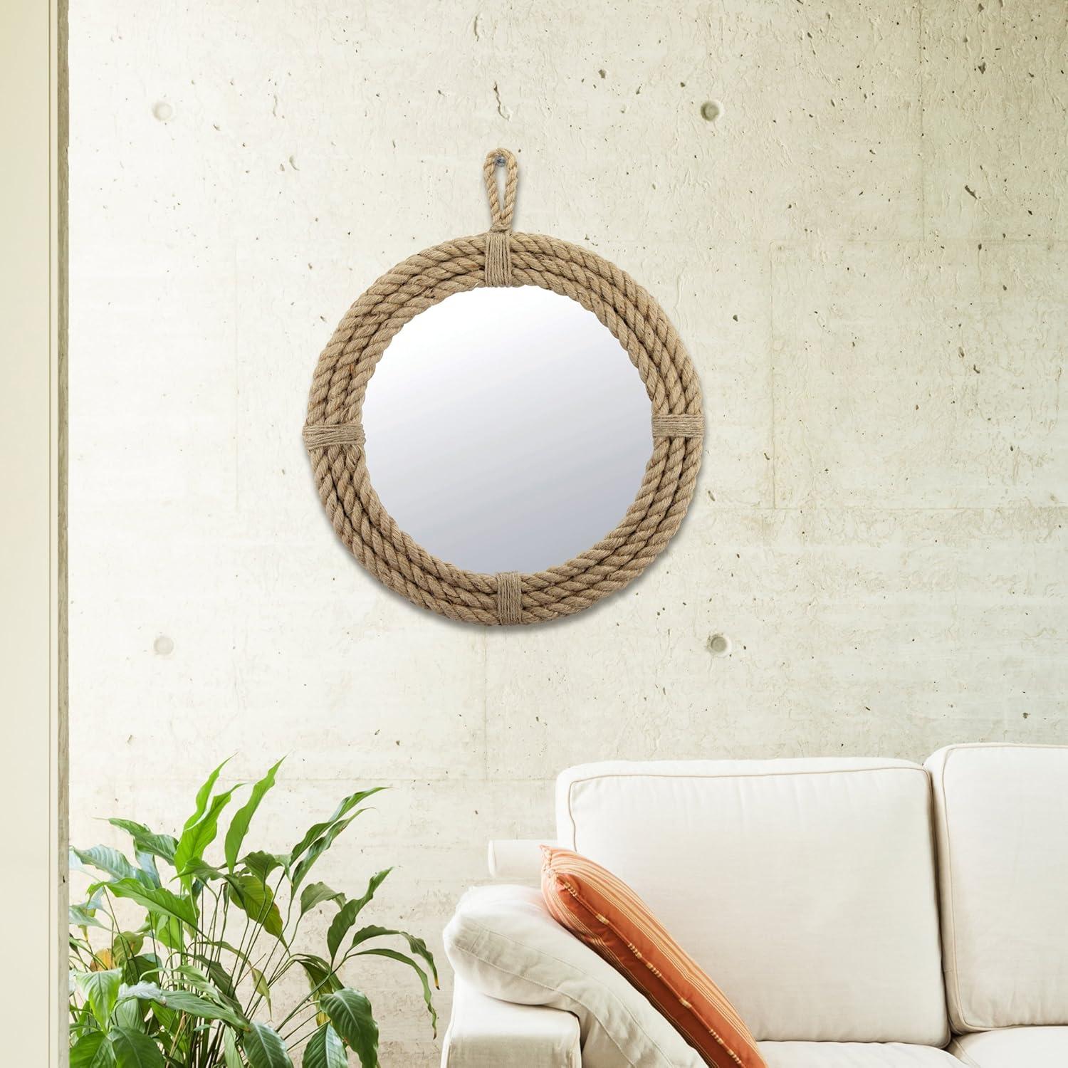 Nautical Charm 16.5" Round Rope-Wrapped Wall Mirror with Hanging Loop