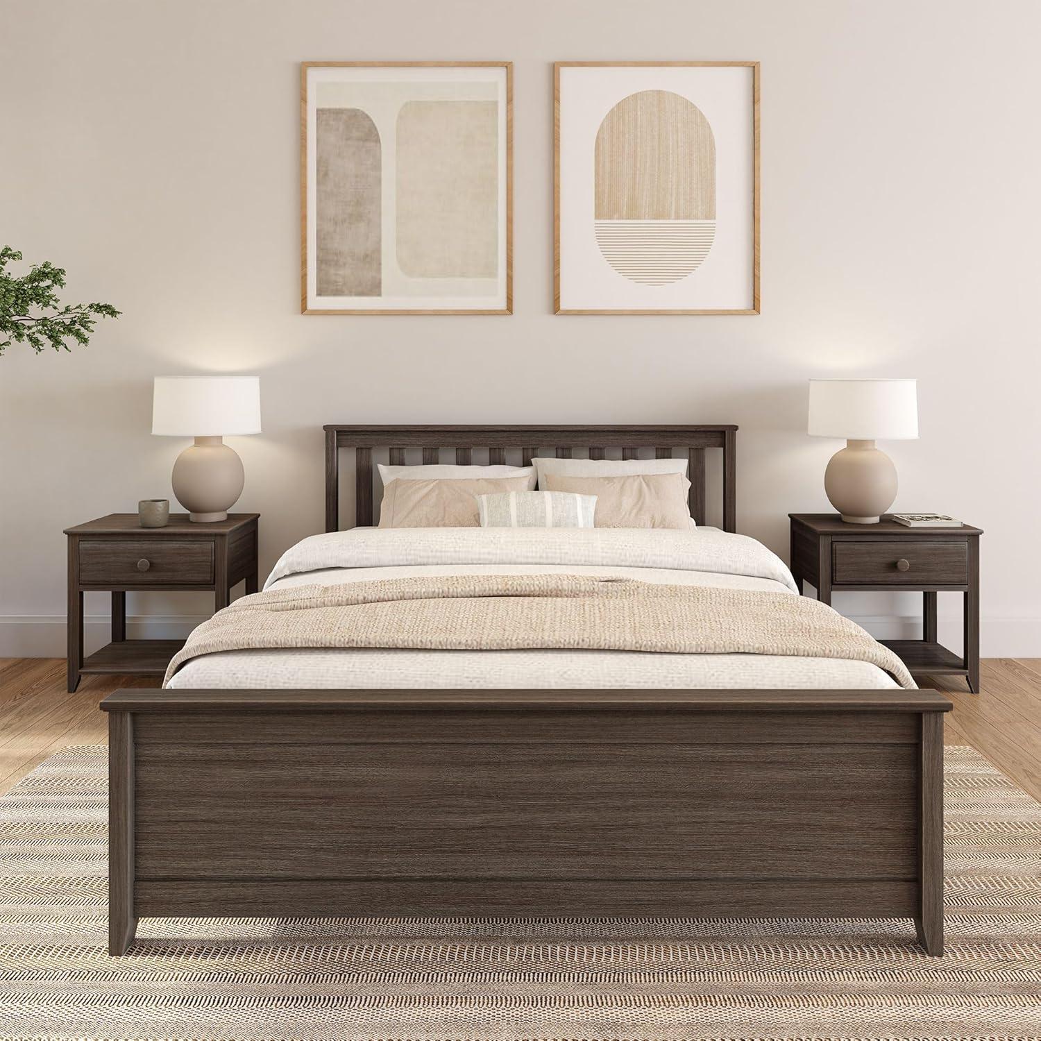 Plank+Beam Queen Bed Frame with Slatted Headboard Solid Wood Platform Bed, No box Spring Needed, Clay