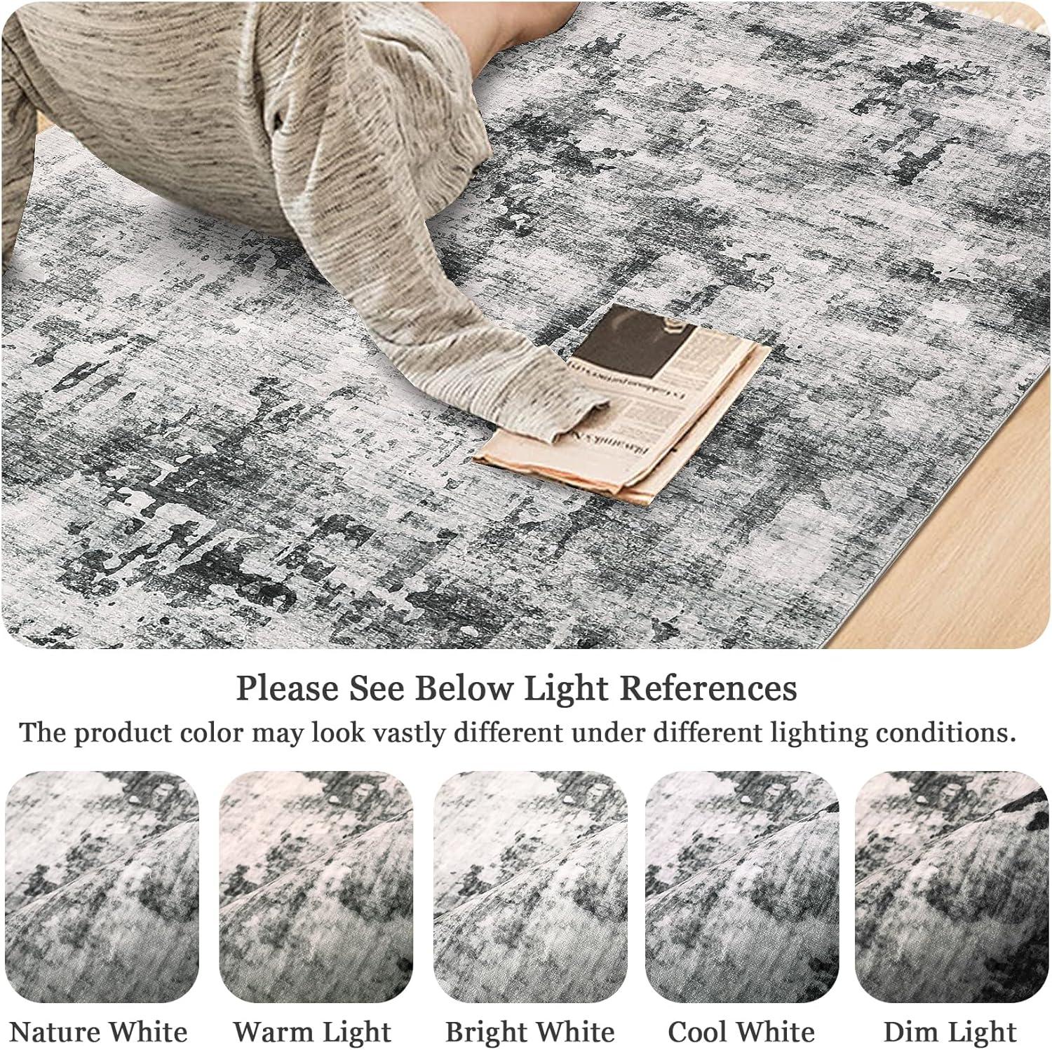 Gray Abstract Washable 9' x 12' Synthetic Area Rug