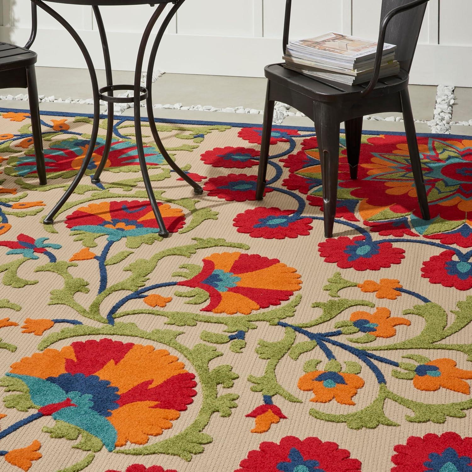 Nourison Aloha Floral Easy Care Flatweave High-Low Indoor Outdoor Area Rug Red/Multi 7' x 10'