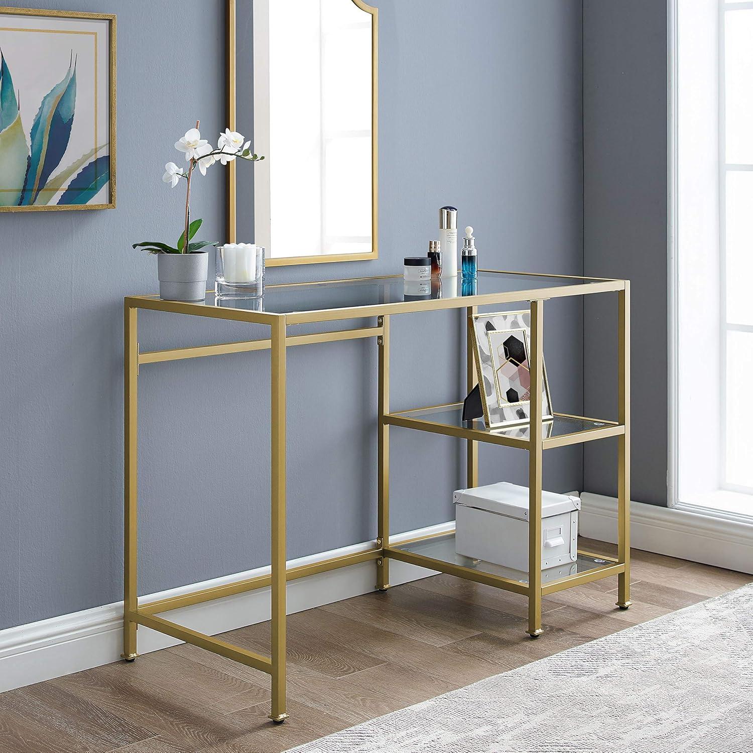 Sleek Gold-Frame 46" Glass-Top Modern Desk/Vanity