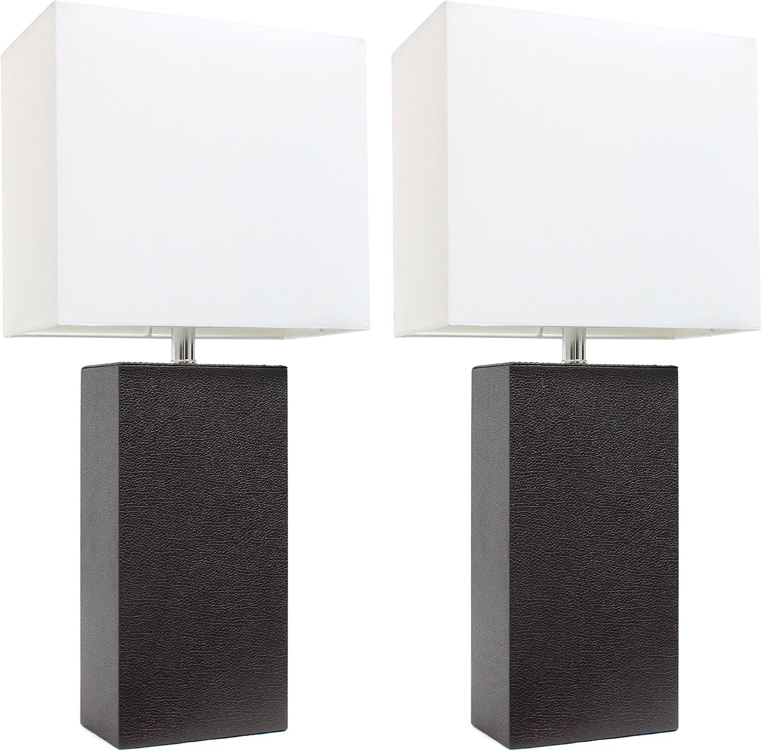 Elegant Designs Set of 2 Leather Table Lamps with Fabric Shades Espresso Brown: UL Listed, Cotton Shade, Metal Body, No Assembly Required