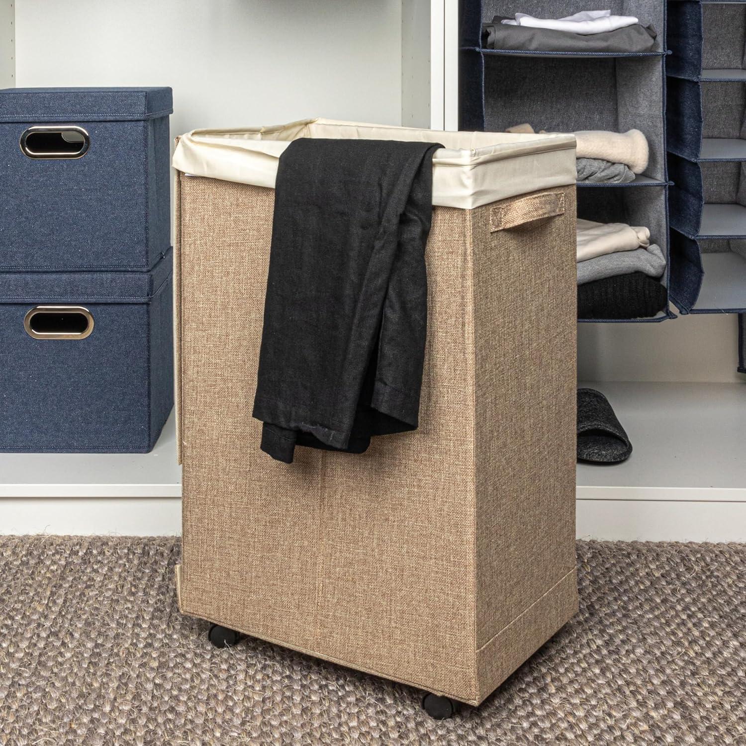 Latte Collapsible Polylinen Laundry Hamper with Lid and Wheels