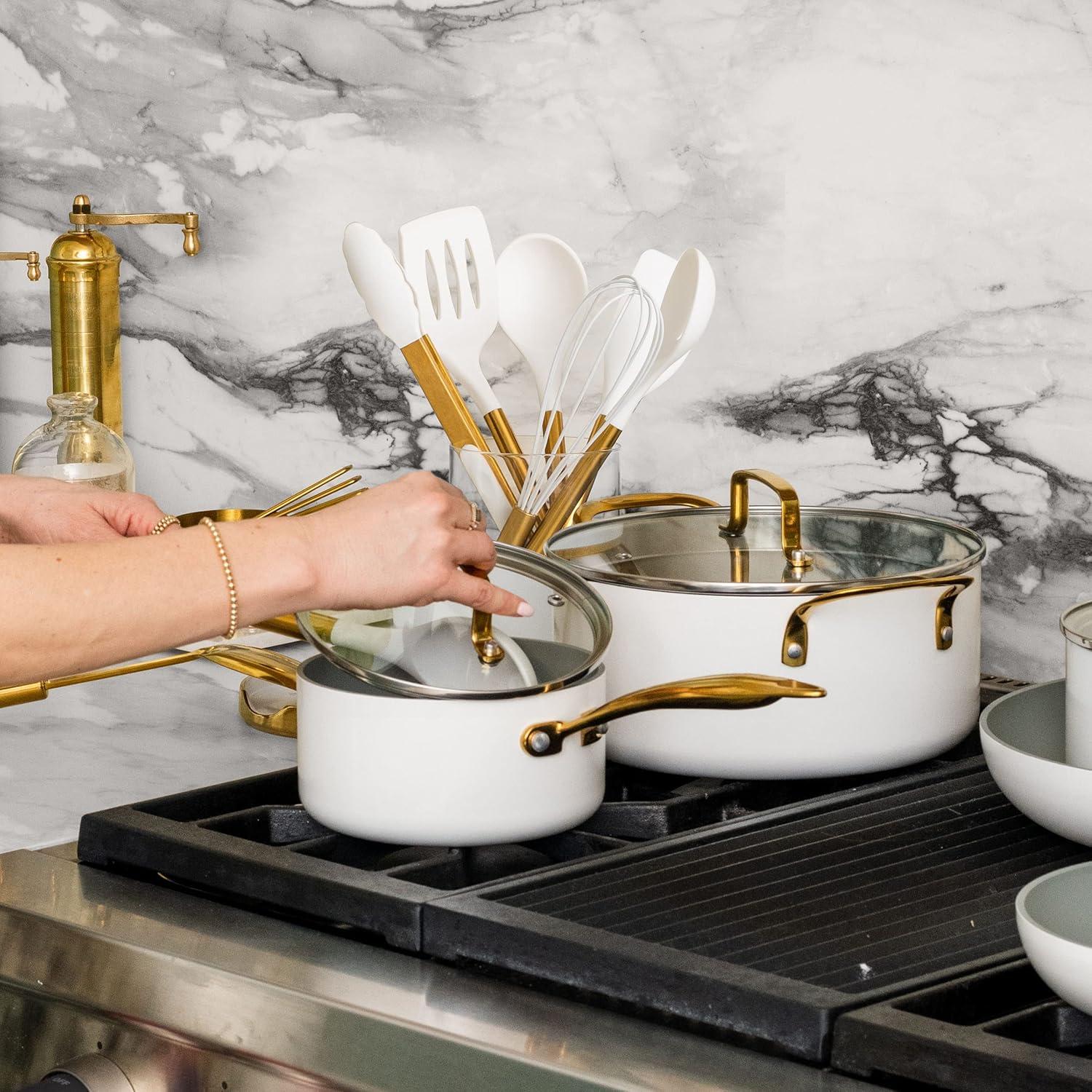 White and Gold Silicone Kitchen Utensils Set with Stainless Steel Handles