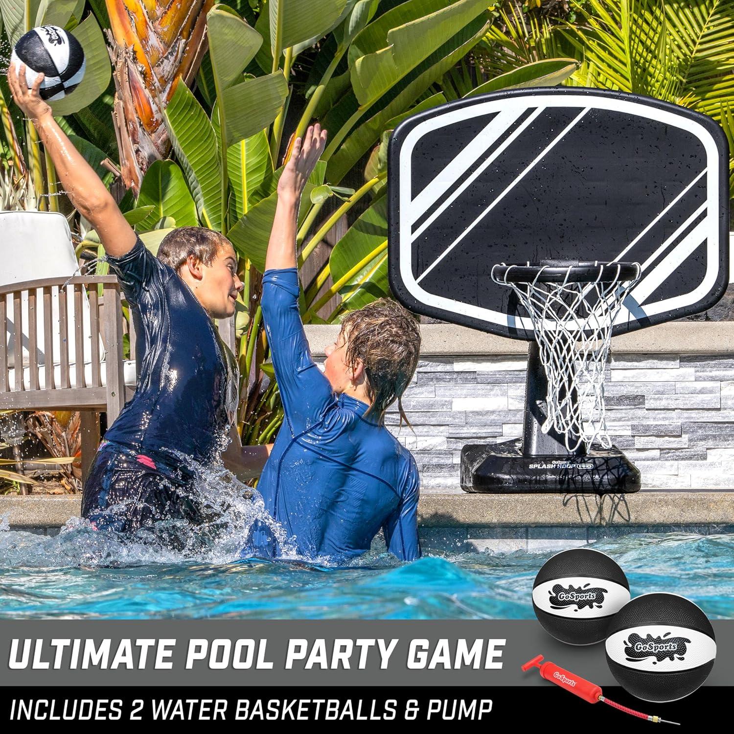GoSports Splash Hoop PRO Swimming Pool Basketball Game - Includes Poolside Water Basketball Hoop, 2 Balls and Pump - Black