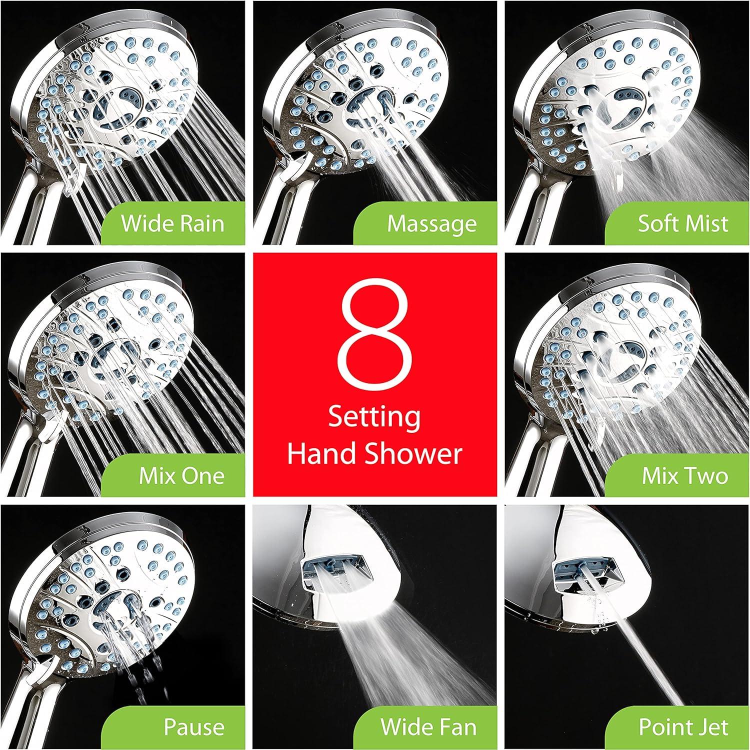 Hotel Spa AquaCare As-Seen-On-TV High Pressure Handheld/Rain 80-mode 3-way Shower Head Combo with Adjustable Arm - Anti-clog Nozzles, Tub & Pet Power Wash, 6 ft. Hose, All Chrome Finish