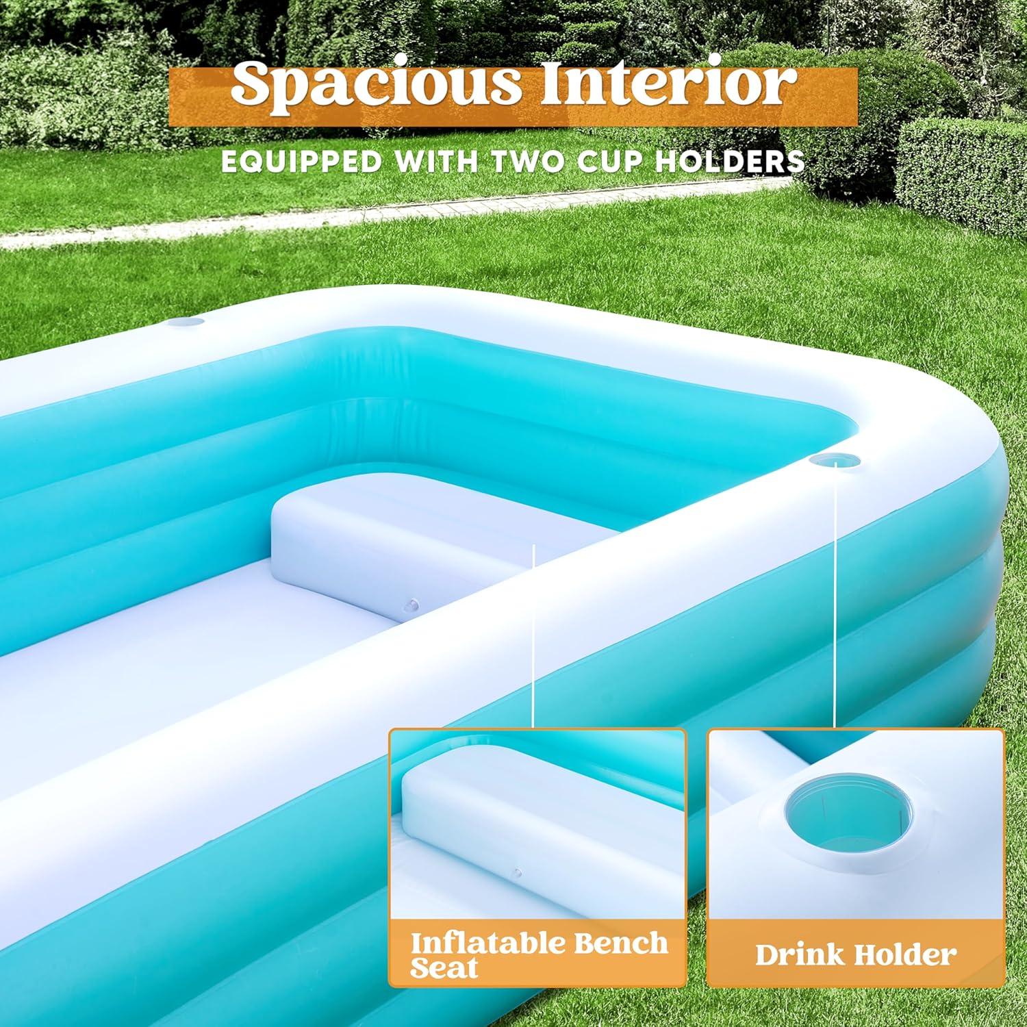 Cyan Rectangular Inflatable Above Ground Family Pool with Seats