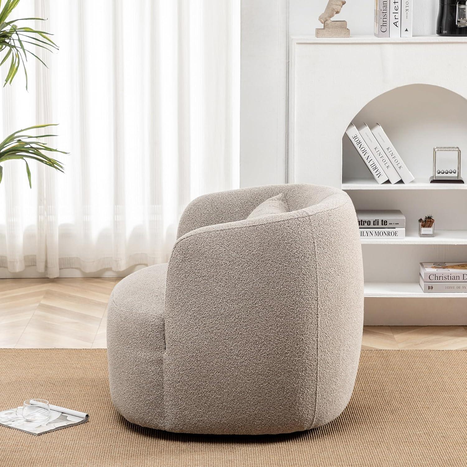 Boucle Upholstered Swivel Armchair Taupe - Kinwell: Pine Frame, 360° Metal Base, 300 lbs Capacity