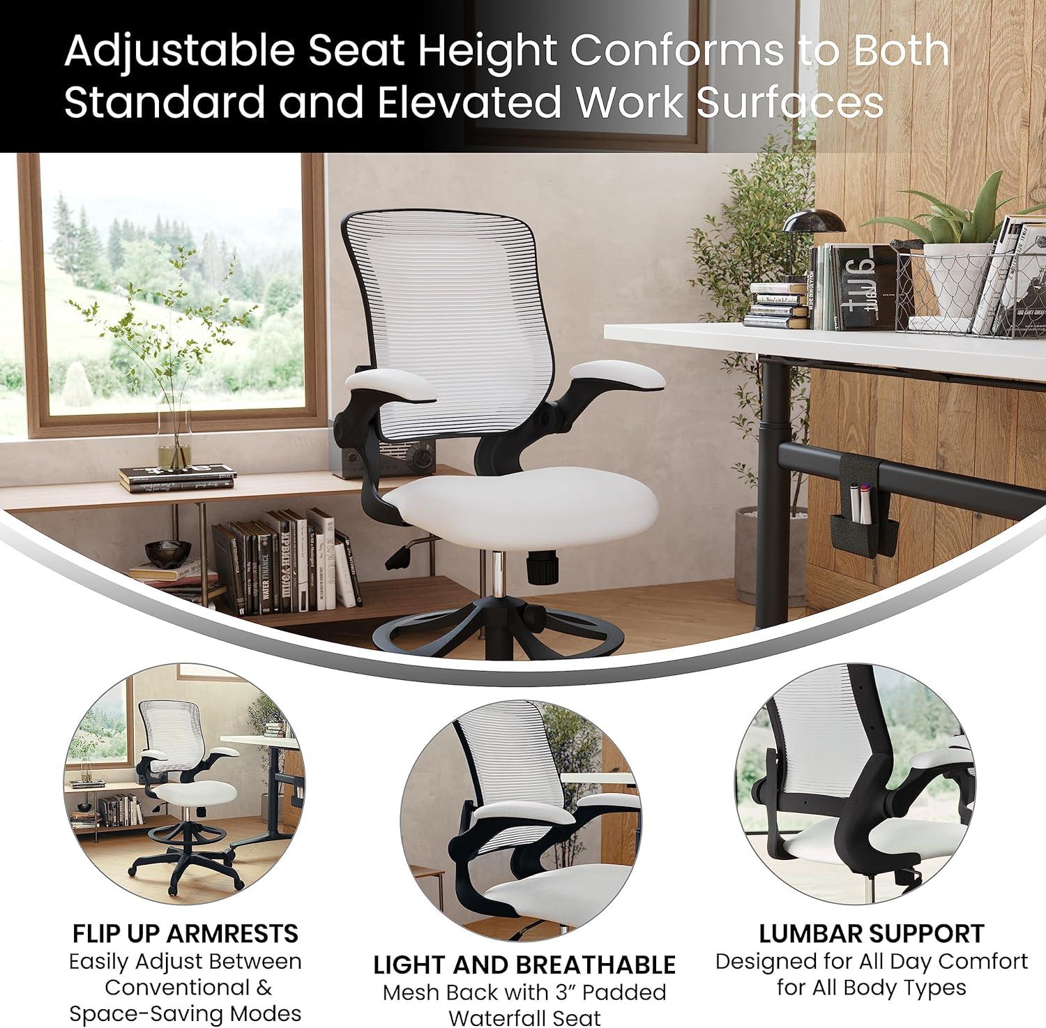 Flash Furniture Mid-Back Mesh Ergonomic Drafting Chair with Adjustable Foot Ring and Flip-Up Arms