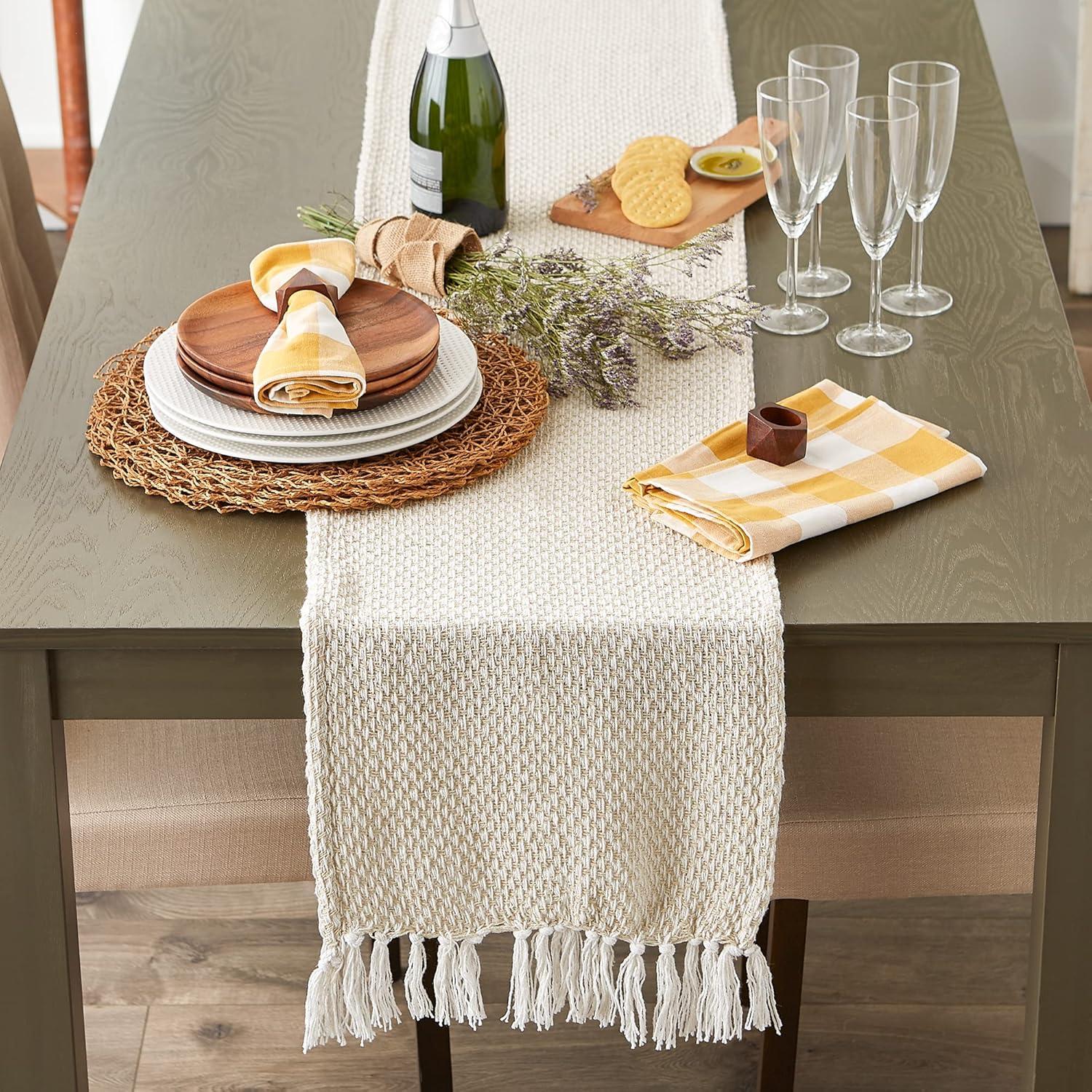 Natural Cotton Woven Table Runner with Fringed Edges, 15x108