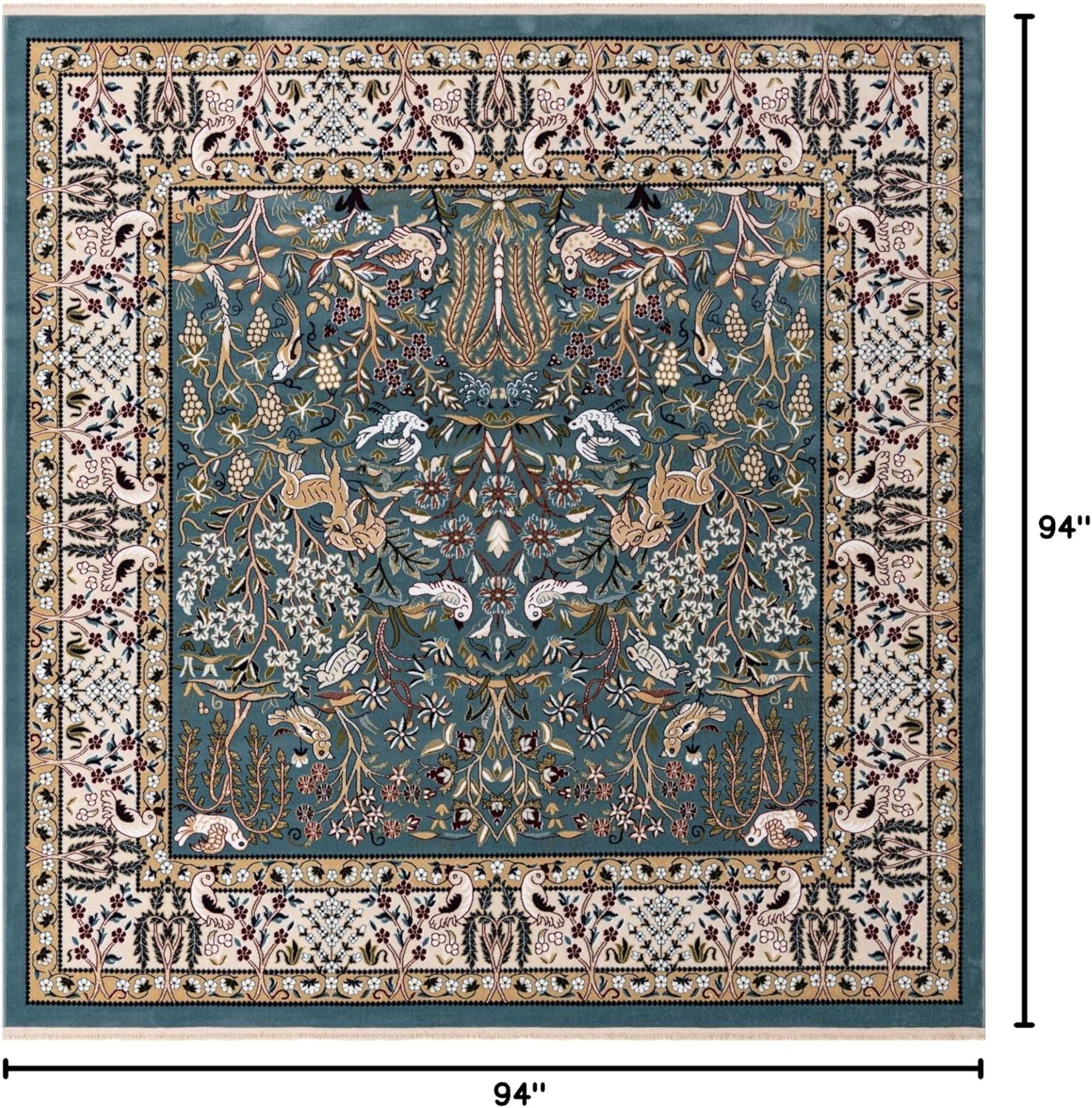 Blue and Beige Floral Square Synthetic Area Rug