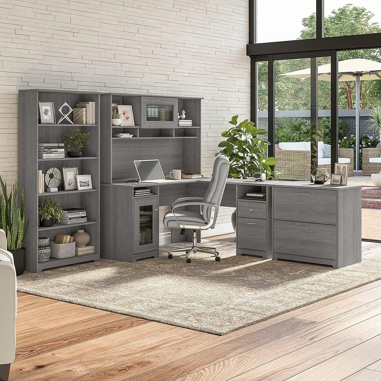 Modern Gray L-Shaped Computer Desk with Built-In USB and Storage