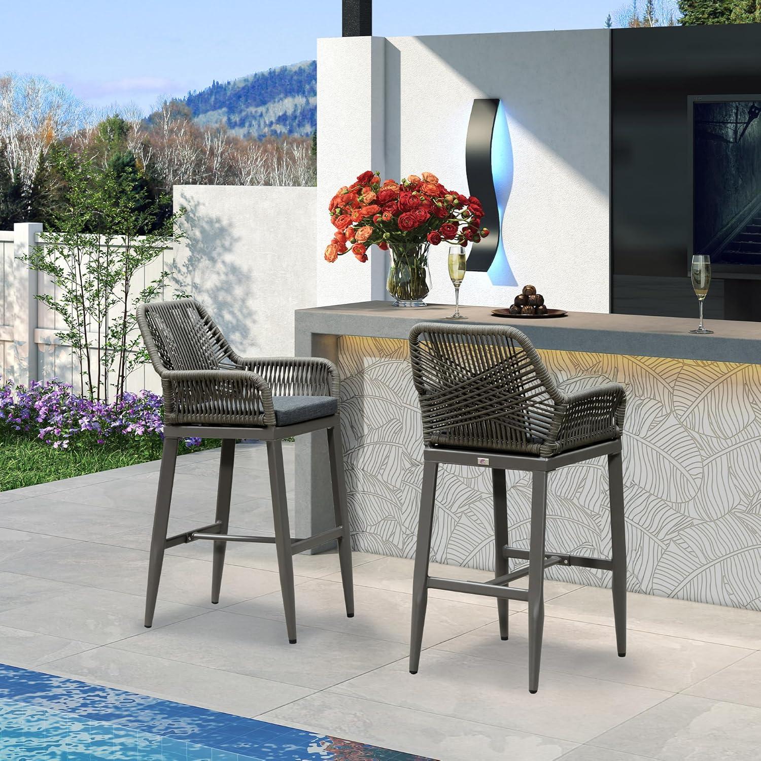 PURPLE LEAF Outdoor Wicker 29" Bar Stools Set of 2, Boho Patio Bar Height Chair with Cushion and Back for Outdoor and Indoor, Garden, Patio, Smoke Grey