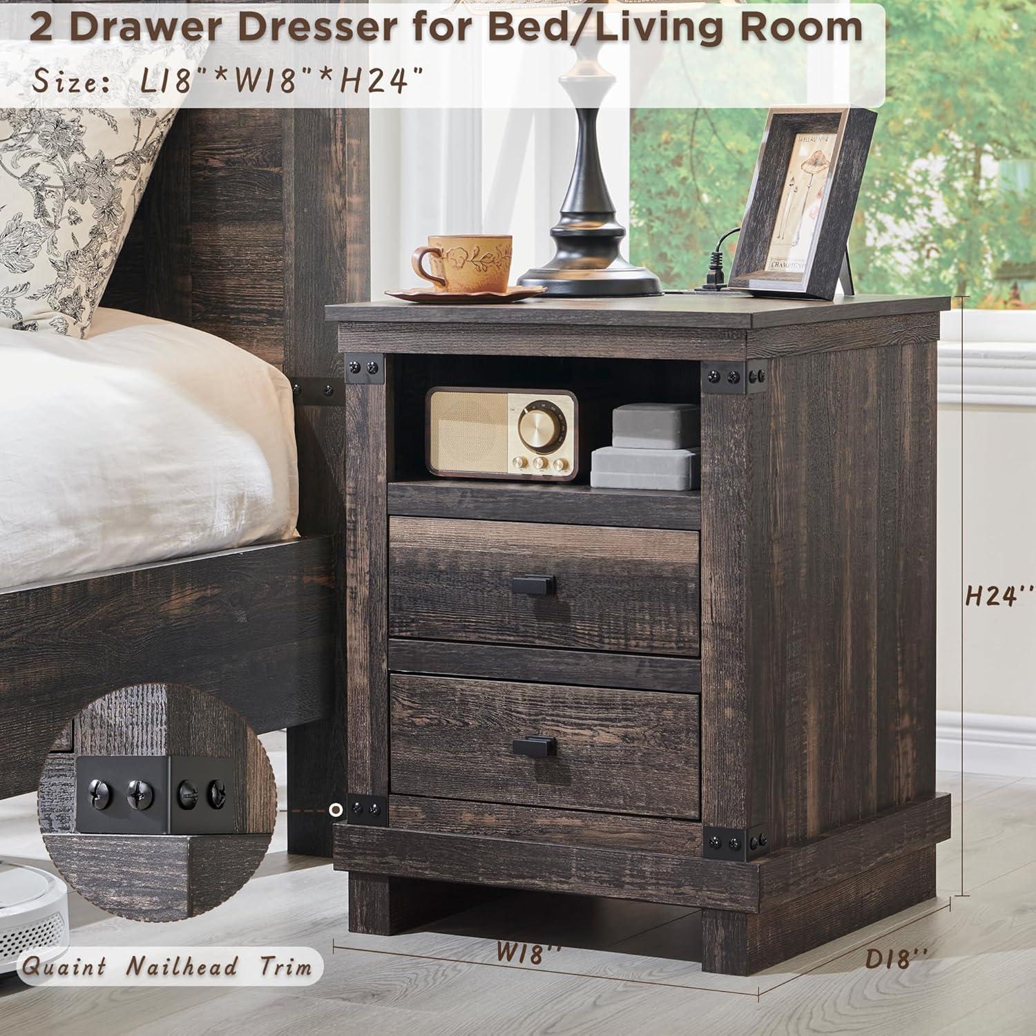 SinCiDo Nightstand with Charging Station, 18″ Farmhouse Night Stand with 2 Drawers, Wood Rustic End Table, Antique White
