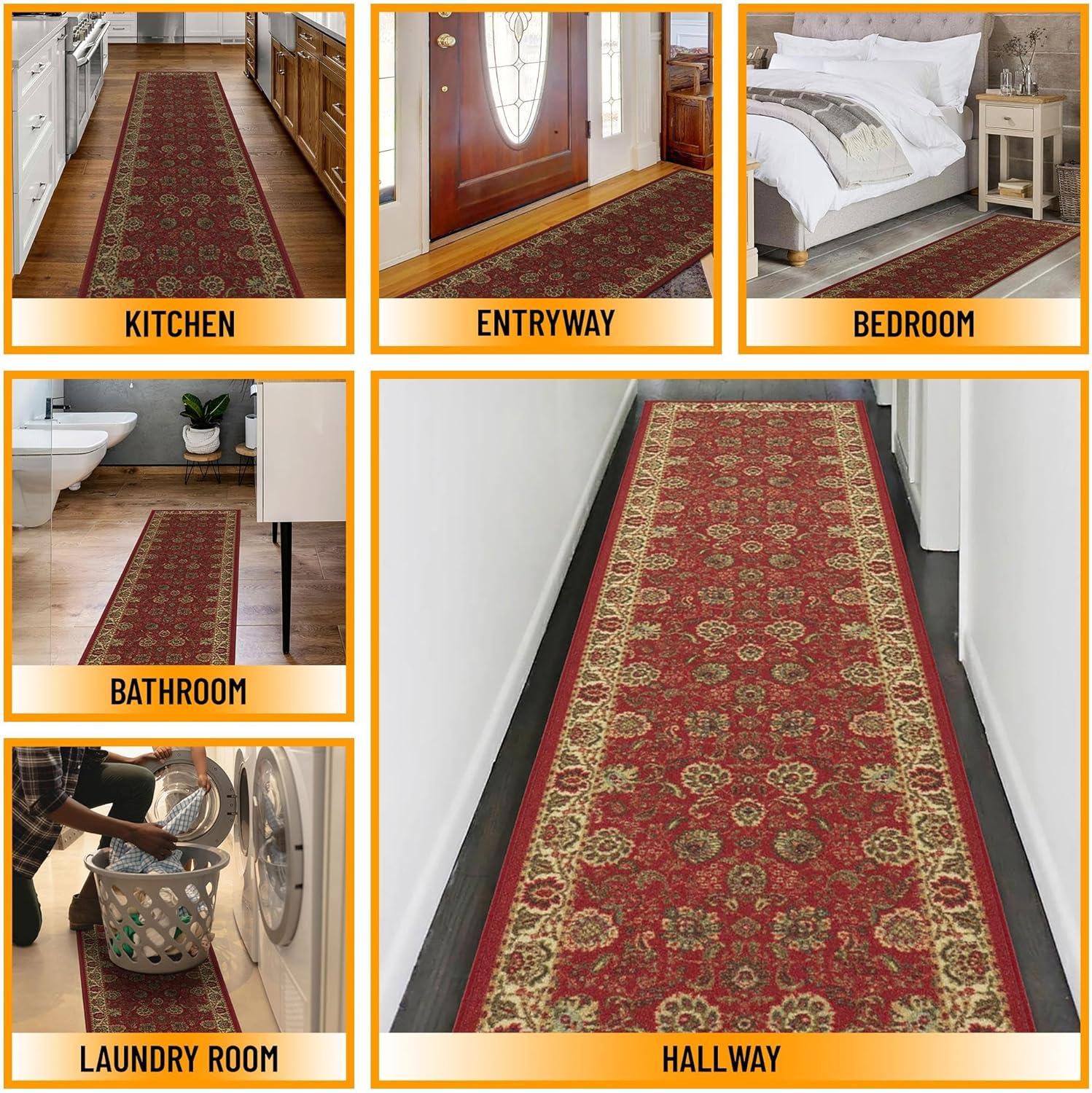 Ottohome Machine Washable Non-Slip Traditional Area Rug For Living Room, Hallway Runner, Entryway Rug