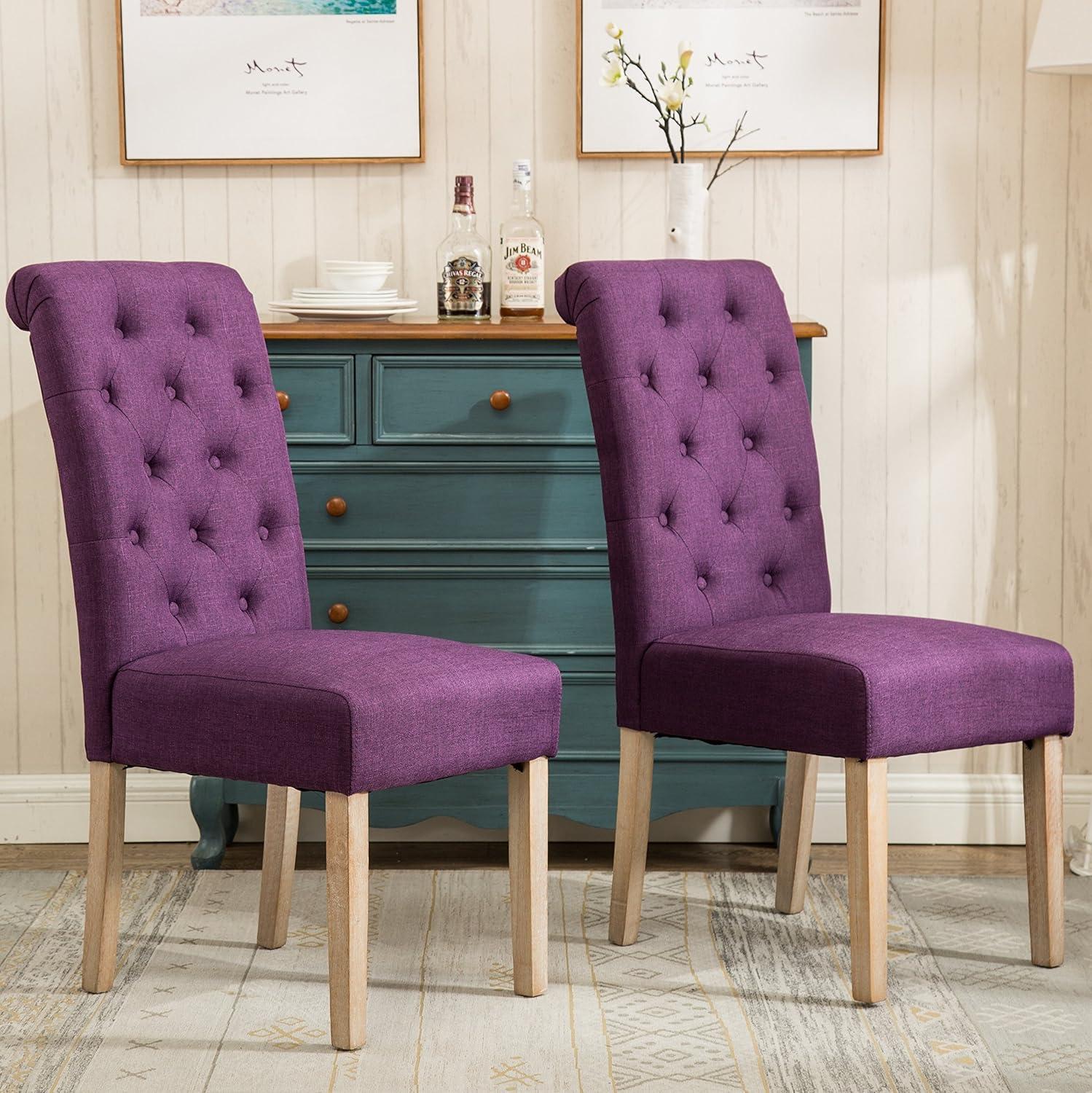 Roundhill Furniture Habit Solid Wood Tufted Parsons Dining Chair, Purple, Set of 2
