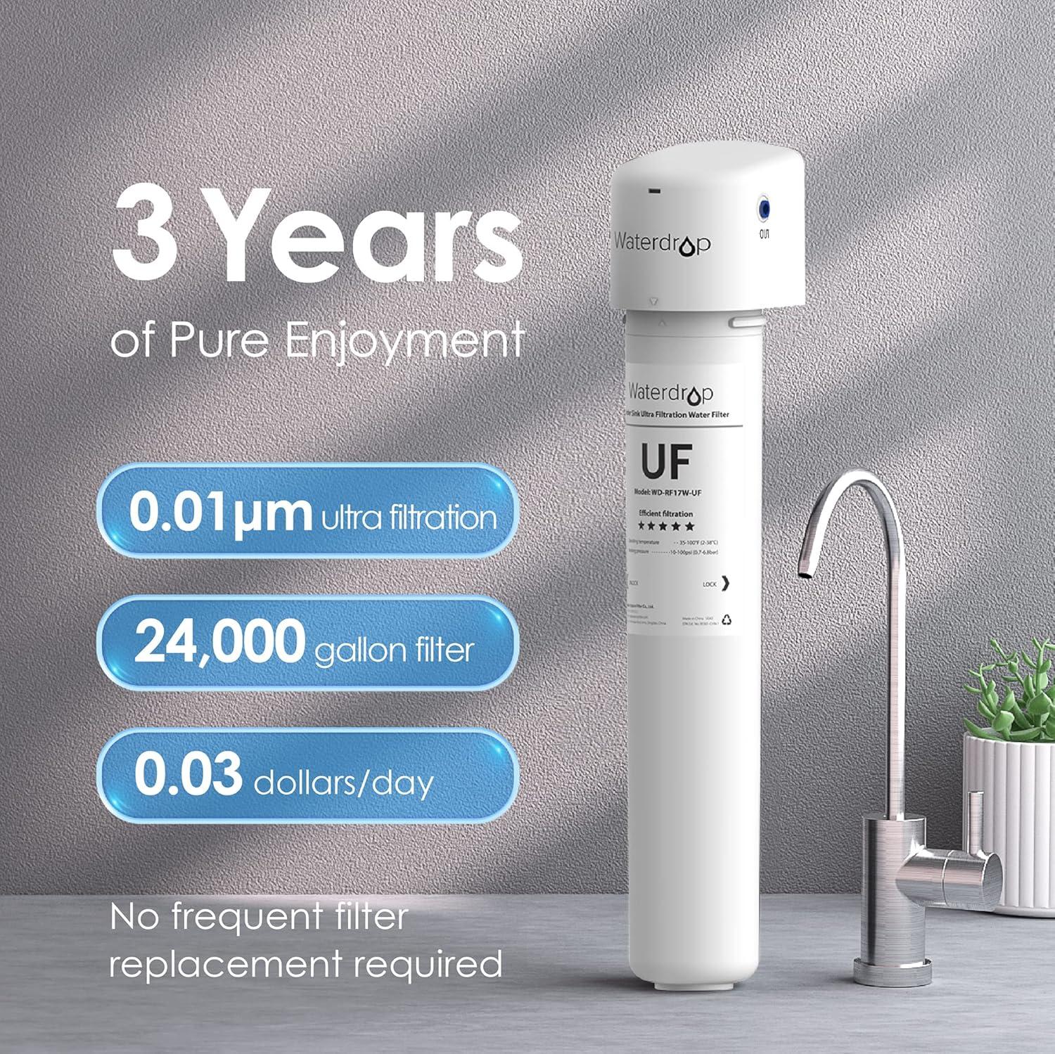 Waterdrop 17UBW-UF 0.01 μm Ultra Filtration Under Sink Water Filter System for Baçtёria Reduction, Reduces Lead, Chlorine, Bad Taste & Odor, 24K Gallons, with Dedicated Brushed Nickel Faucet, USA Tech