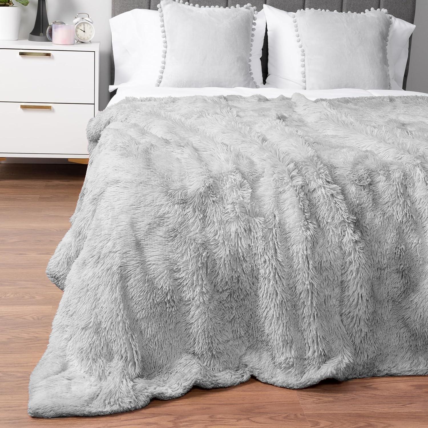 PAVILIA Fluffy Faux Fur Reversible Throw Blanket for Bed, Sofa, and Couch, Light Gray/Throw - 50x60