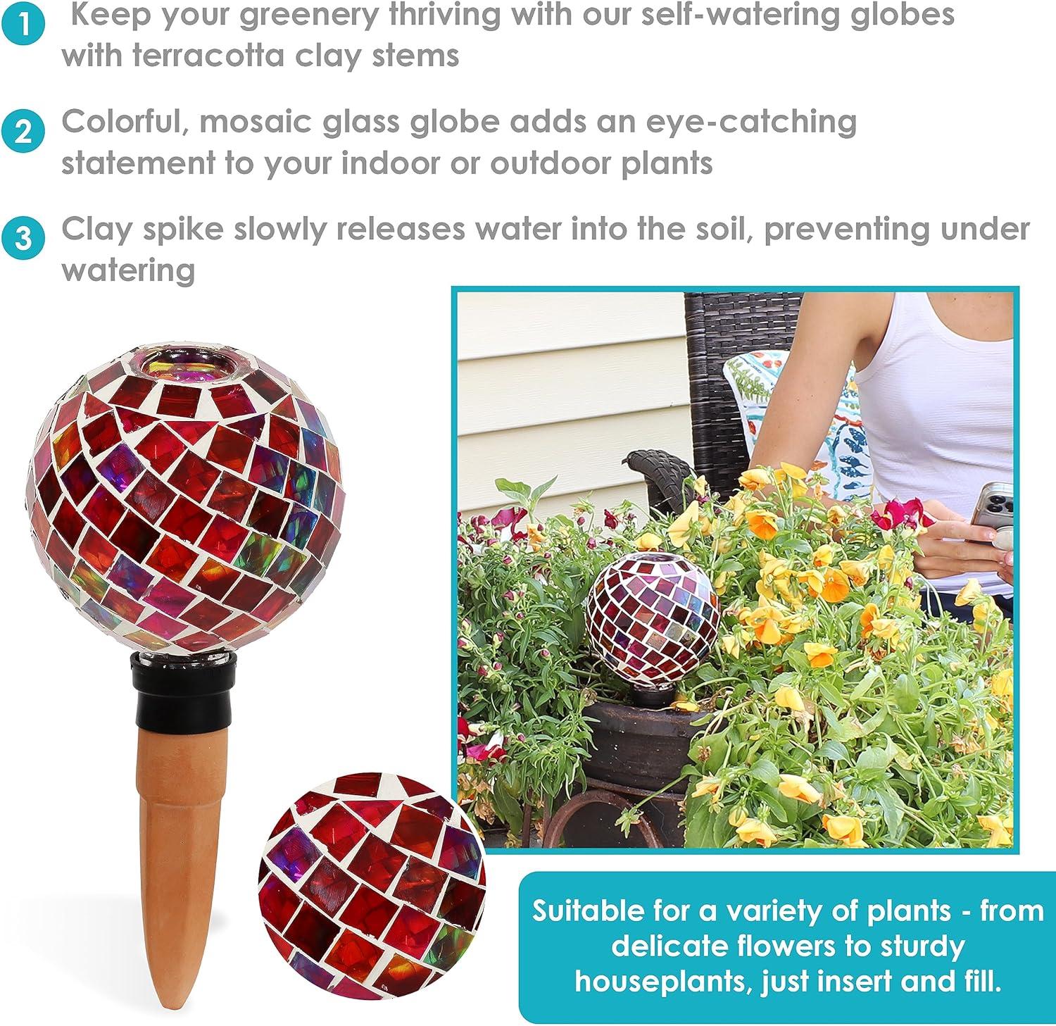 Sunnydaze Magenta Medley Round Mosaic Glass Plant Watering Bulb with Clay Watering Spike