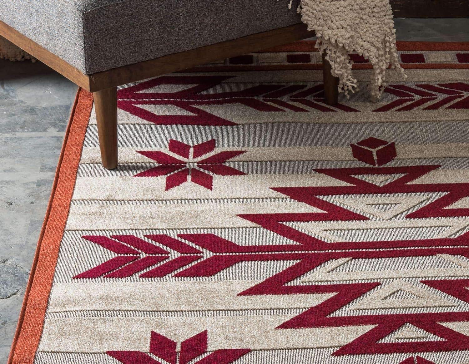 Burgundy and Beige Geometric 8' x 10' Outdoor Area Rug