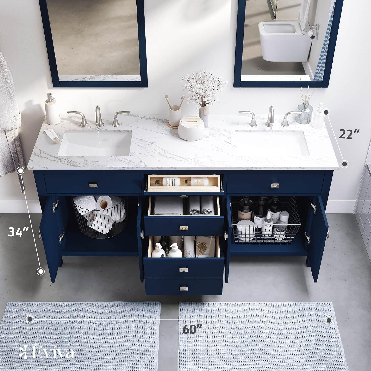 Totti Artemis 60" Blue Transitional Double Sink Bathroom Vanity w/ White Carrara Style Man-Made Stone Top