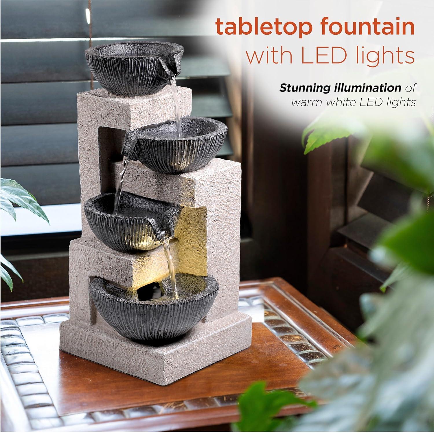 14" Resin Cascading Bowl Tabletop Fountain with LED Lights Gray - Alpine Corporation: Indoor/Outdoor Water Feature, Electric Powered